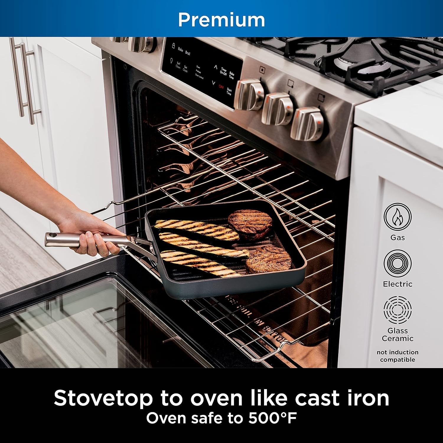 C30528 Foodi Neverstick Premium 11-Inch Square Grill Pan. Hard-Anodized. Nonstick. Durable & Oven Safe to 500°F. Slate Grey - Image 4