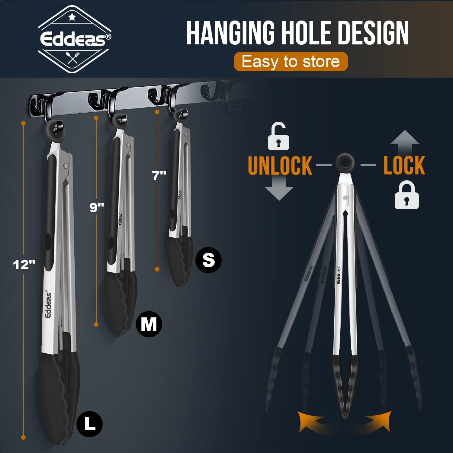 Kitchen Tongs with Silicone Tips – Heat Resistant 600°F. Locking Stainless Steel Tongs. Non‑Stick. 7 9 12 Black (Set of 3) - Image 7