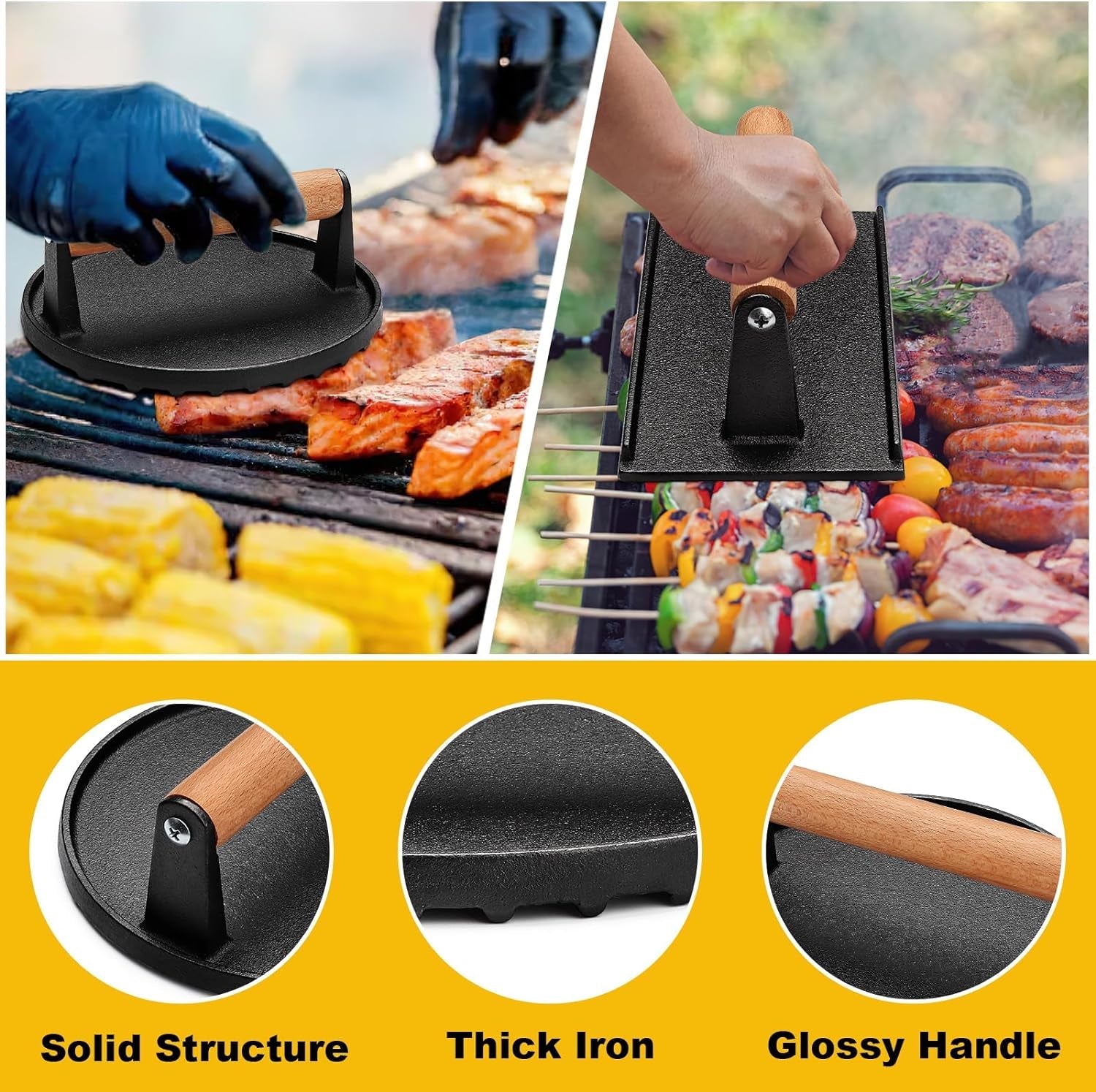 AIVIKI Burger Press. Smash Burger Press for Blackstone Griddle. Heavy Duty Cast Iron round 6.9In & Rectangular 8.2X4.2In Bacon Grill Press with Wood Handle. Meat Steak Weight for Sandwich. Paninis - Image 3