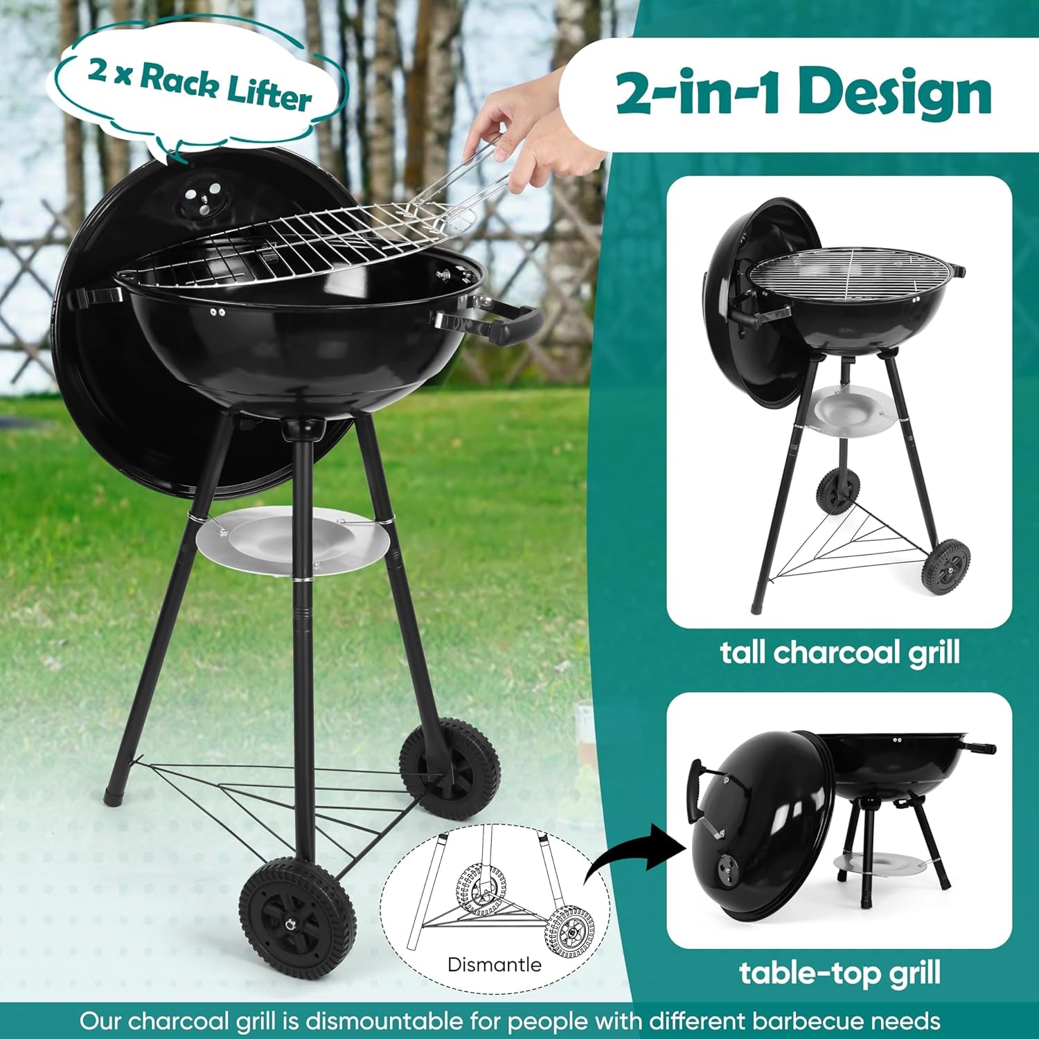 Hasteel 18 Inch Charcoal Grill. Black Kettle Outdoor Barbecue Grill. 2-In-1 Portable BBQ Grill with Wheels for Camping Backyard Patio Picnic. Porcelain-Enameled Lid & Fire Bowl. 254.SQ.IN Cooking Area - Image 5