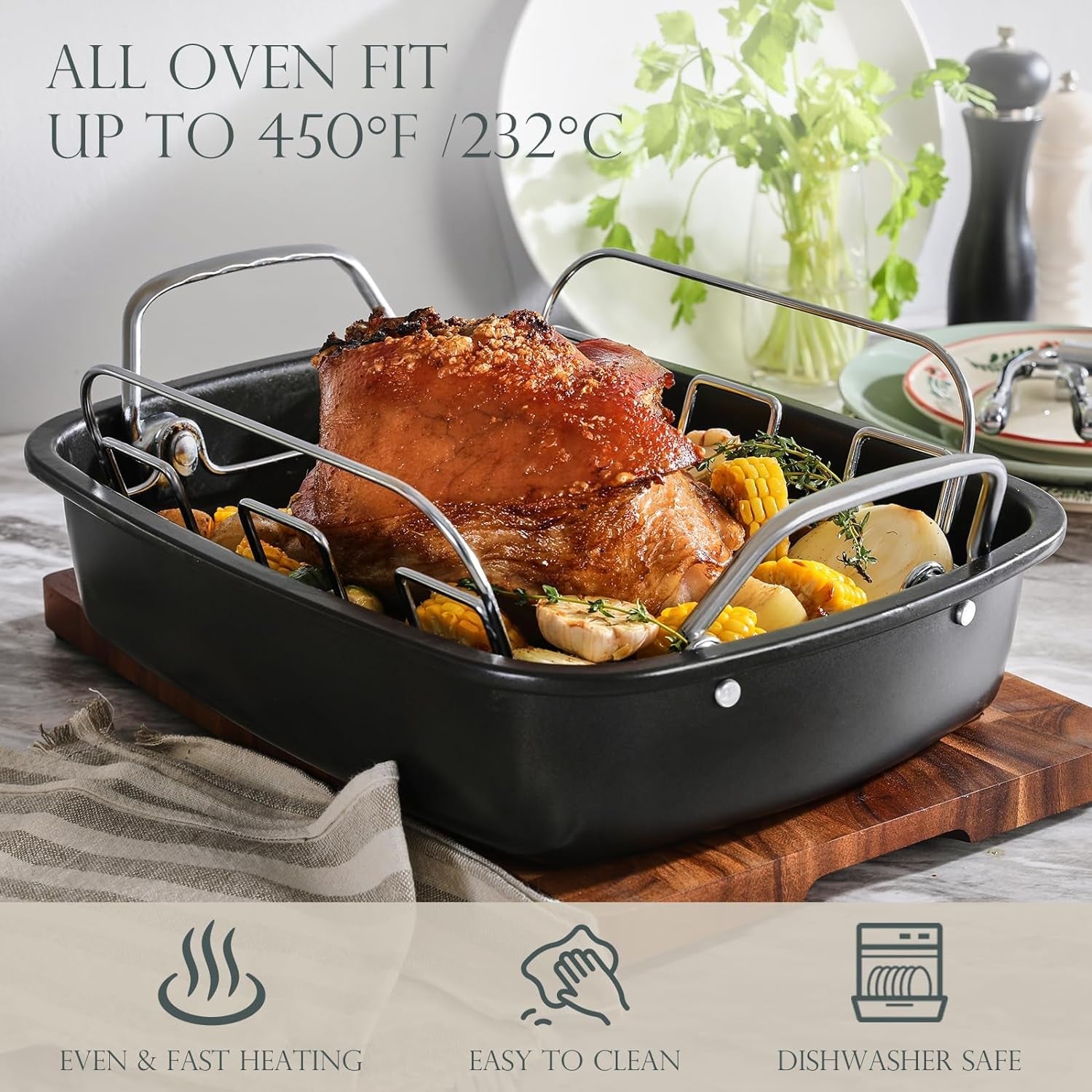 KITESSENSU Nonstick Turkey Roasting Pan with Rack 17 X 14 Inch - Large Chicken Roaster Pan for Oven - Wider Handles & Heavy Duty Construction - Suitable for 24Lb Turkey. Gray - Image 3