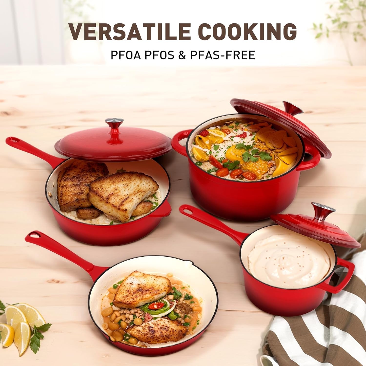 MAISON ARTS Enamel Cast Iron 7 Piece Cookware Set. Heavy Duty Dutch Ovens Pot with Lid. Red Non Stick Pots and Pans Sets. Oven Safe up to 500°F - Image 8