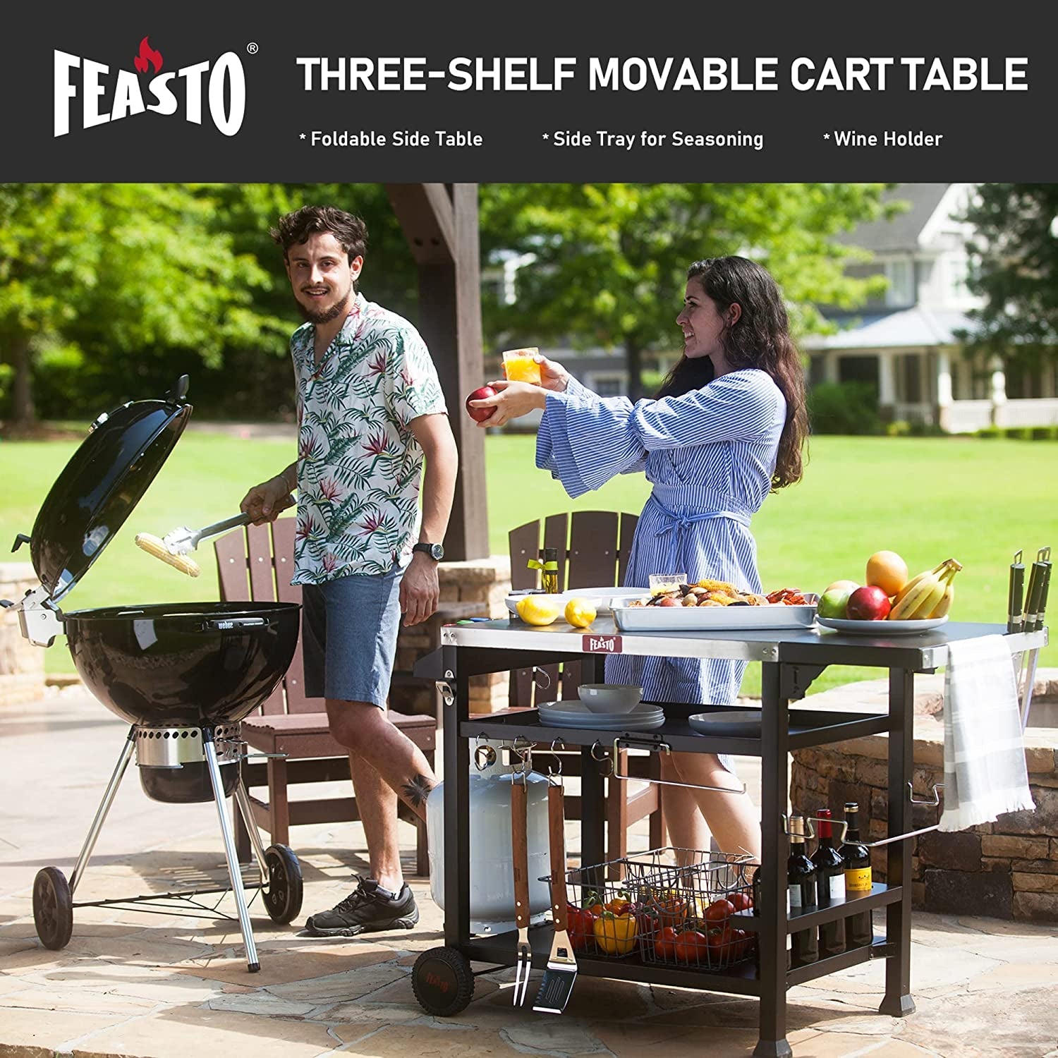 3-Shelf Movable Food Prep Table. Pizza Oven Table. BBQ Grilling Table.Grill Cart with Side Table. Home & Outdoor Stainless Steel Table Top Grill Tables on 2 Wheels. L50 Xw21.7 Xh33 - Image 7