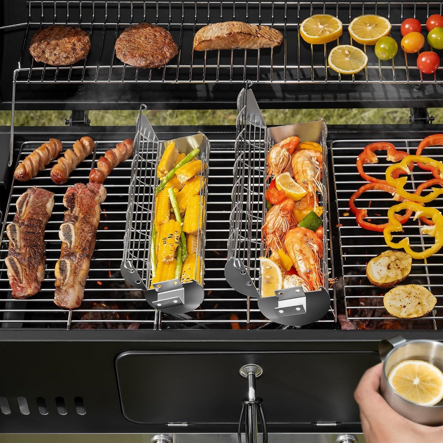 Rolling Grill Basket. New Opening Design. Extra Sturdy Cylinder Grilling Basket. Food Grade Stainless Steel. Large Portable Outdoor Camping Accessories BBQ Net Rack. Cooking Griller for Fish. Vegetables. and More - Gifts for Men Dad Husband - Set of 2 - Image 3