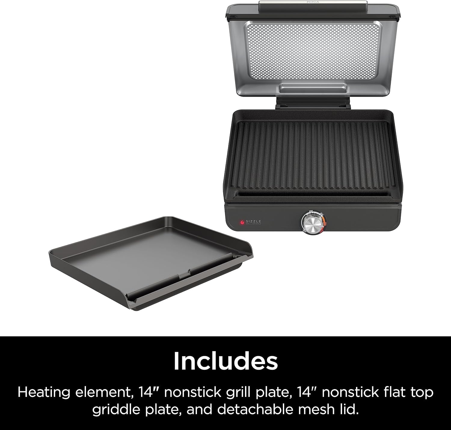 GR101 Sizzle Smokeless Indoor Grill & Griddle. 14'' Interchangeable Nonstick Grill and Griddle Plates. Dishwasher-Safe Removable Mesh Lid. 500F Max Heat. Even Edge-To-Edge Cooking. Grey/Silver - Image 9