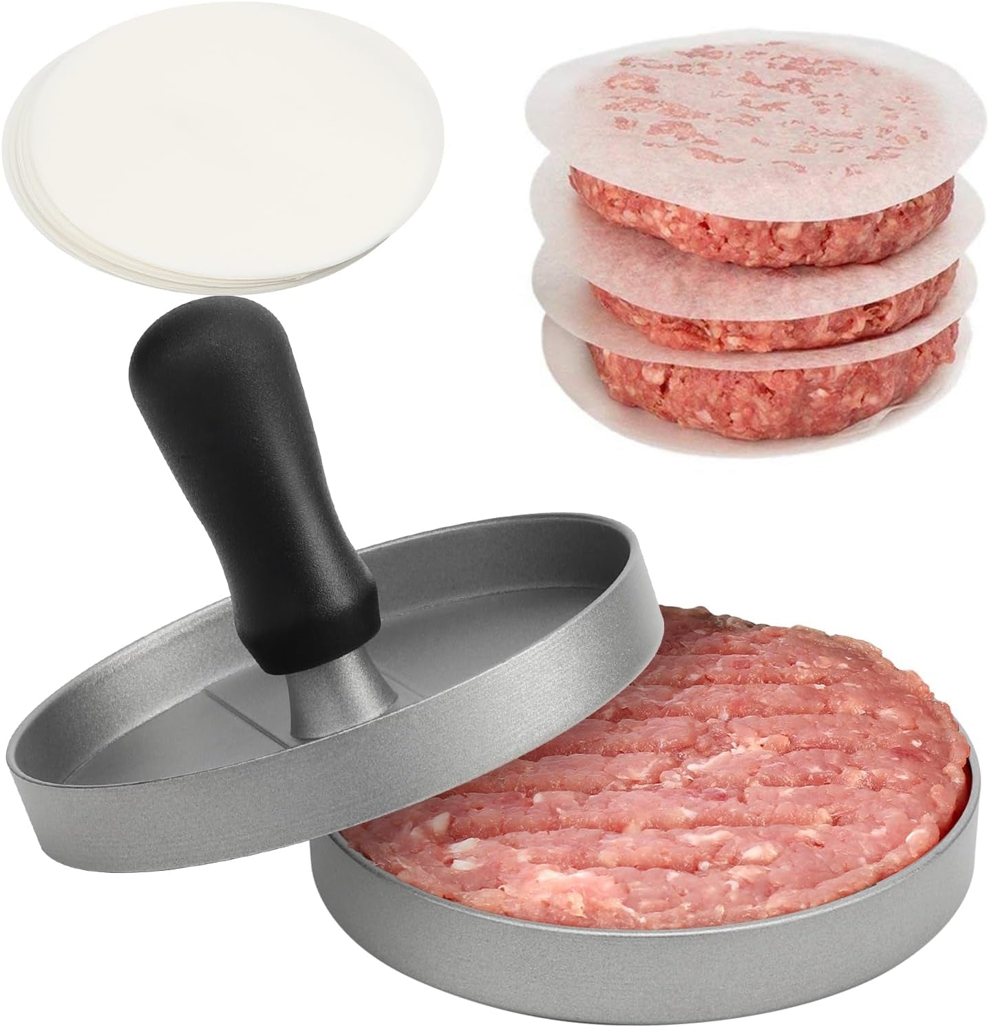 TACGEA Burger Press with 150 Patty Papers. Non-Stick Hamburger Patty Maker with Wax Paper. Aluminum Burger Maker for Kitchen BBQ Grill - Image 7
