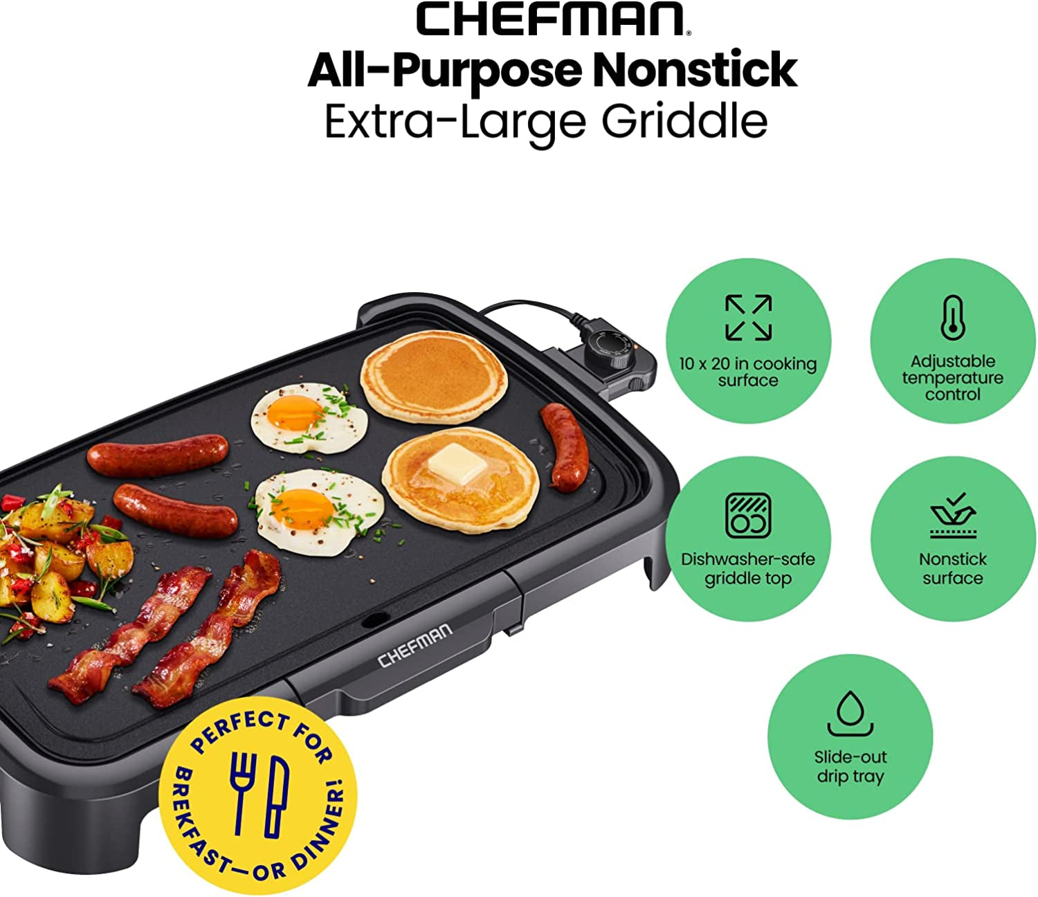 Chefman XL Electric Griddle with Removable Temperature Control. Immersible Flat Top Grill. Burger. Eggs. Pancake Griddle. Nonstick Extra Large Cooking Surface. Slide Out Drip Tray. 10 X 20 Inch - Image 2