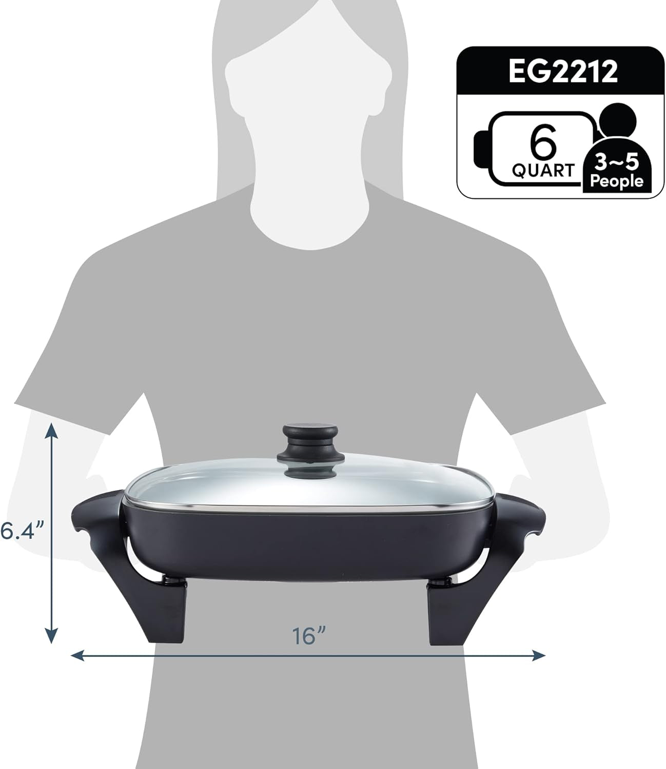 Elite Gourmet EG2212 12X12X2.15 Ceralast™ PFAS Free Ceramic Electric Skillet. Dishwasher Safe. Rapid Heat Up. 1200W. Dark Grey - Image 8