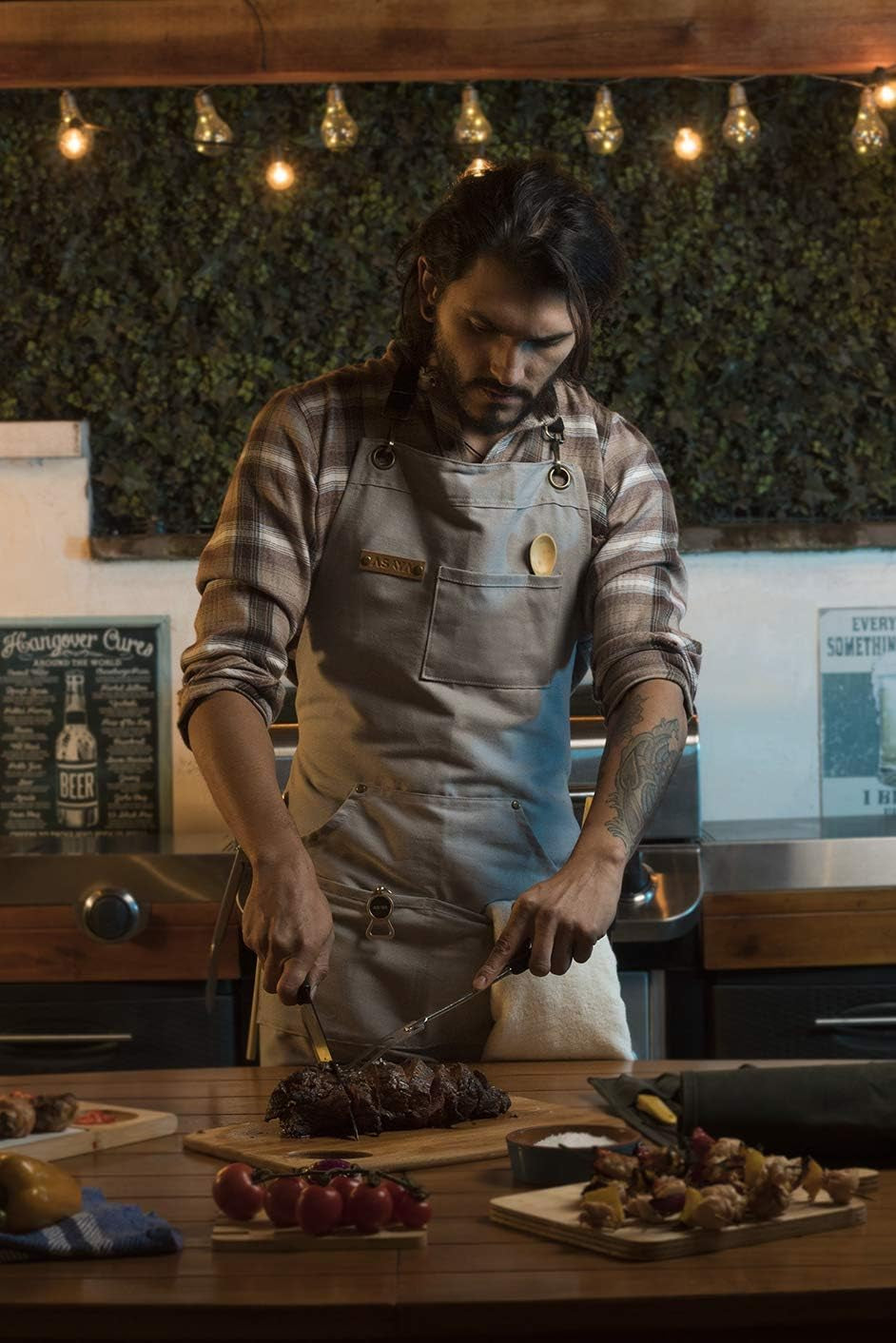 Chef. BBQ and Work Apron with Bottle Opener and Hand Towel -Durable 10Oz Cotton Canvas.Brass Hardware. and Cross Back Straps-Perfect for Men and Women.Grilling. Cooking or in the Workshop(Grey) - Image 5