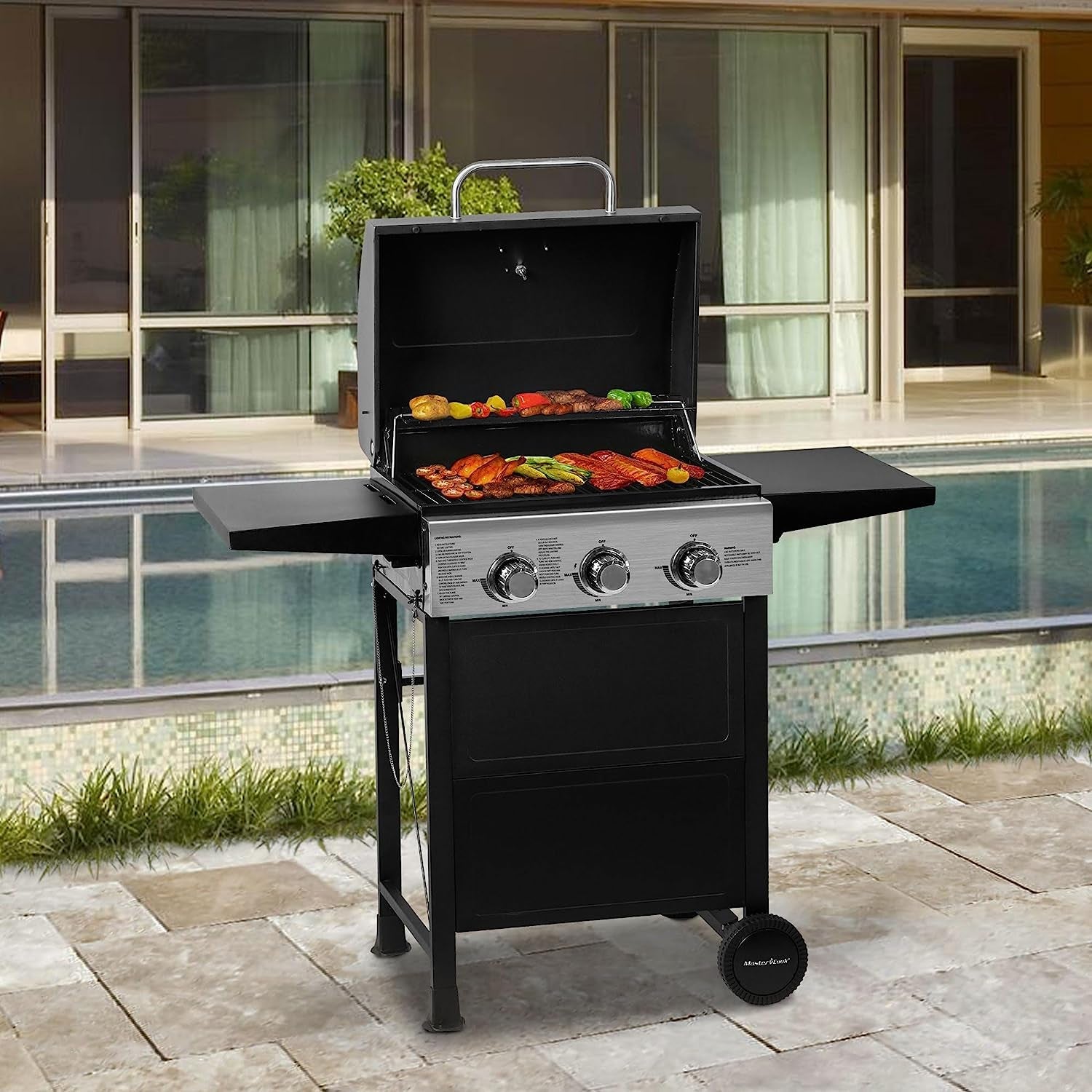 MASTER COOK 3 Burner BBQ Propane Gas Grill. Stainless Steel 30.000 BTU Patio Garden Barbecue Grill with Two Foldable Shelves - Image 7
