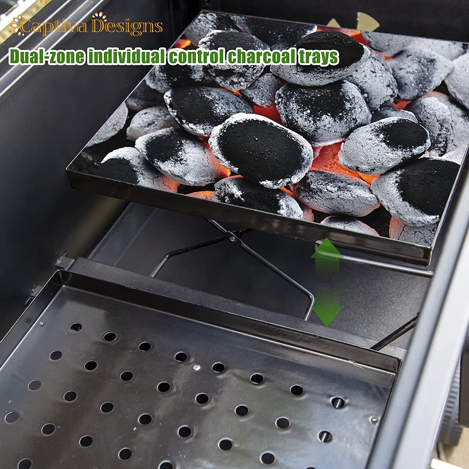 Captiva Designs Extra Large Charcoal BBQ Grill with Oversize Cooking Area(794 Sq.In.). Outdoor Cooking Grill with 2 Individual Lifting Charcoal Trays and 2 Foldable Side Tables - Image 3