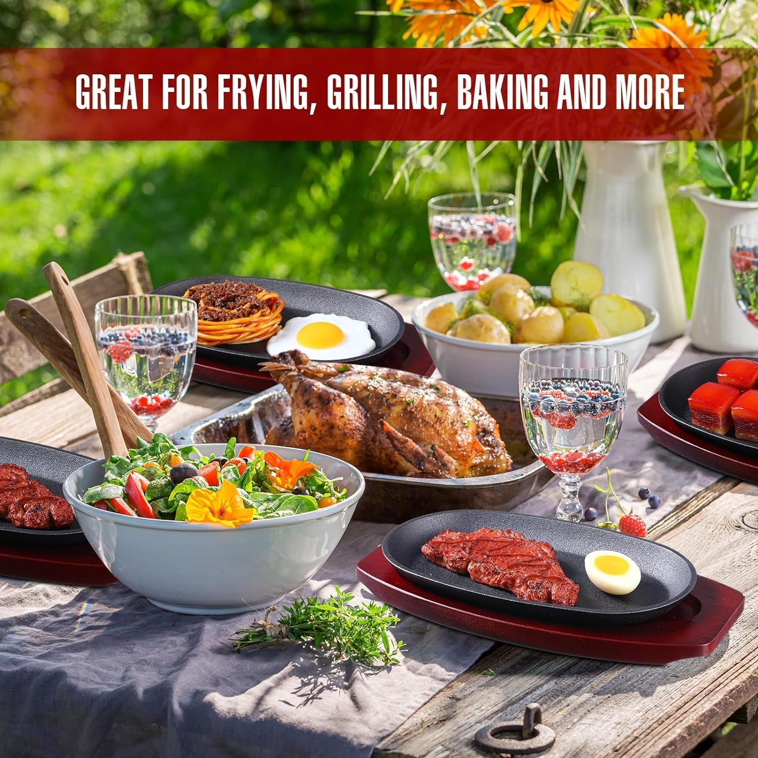 12 Pieces Oval Cast Iron Fajita Pan Set Sizzling Steak Plate with Wooden Base and Handle Cast Iron Steak Cast Iron Fajita Skillet Sizzling Plate for Home Restaurant and Barbecue Picnic - Image 5
