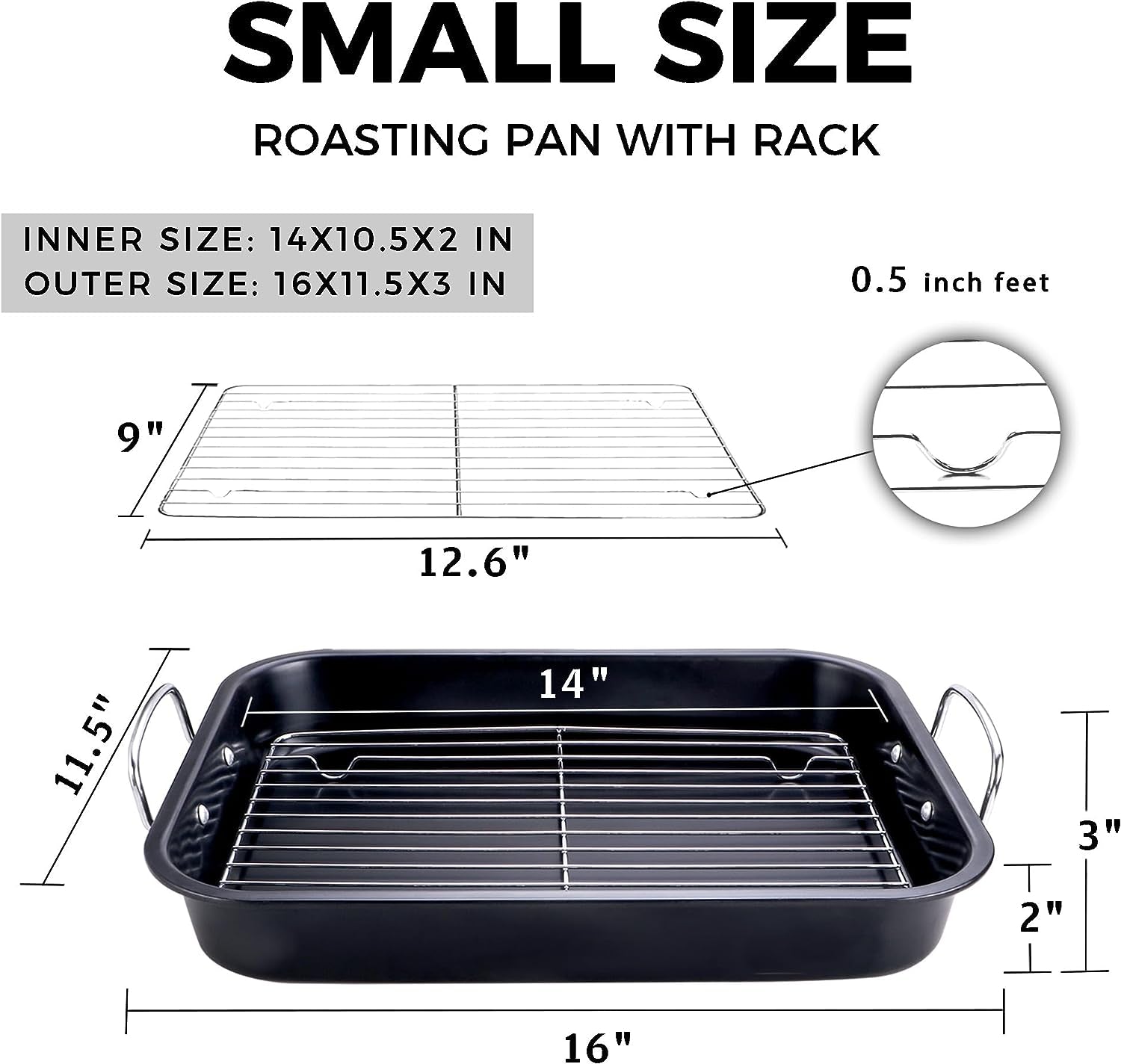 HONGBAKE Small Roasting Pan with Flat Rack. Nonstick Chicken Roaster Tray. Mini Oven Pans for Cooking Lasagna with Stainless Steel Handles. 16 X 11Inch - Image 4