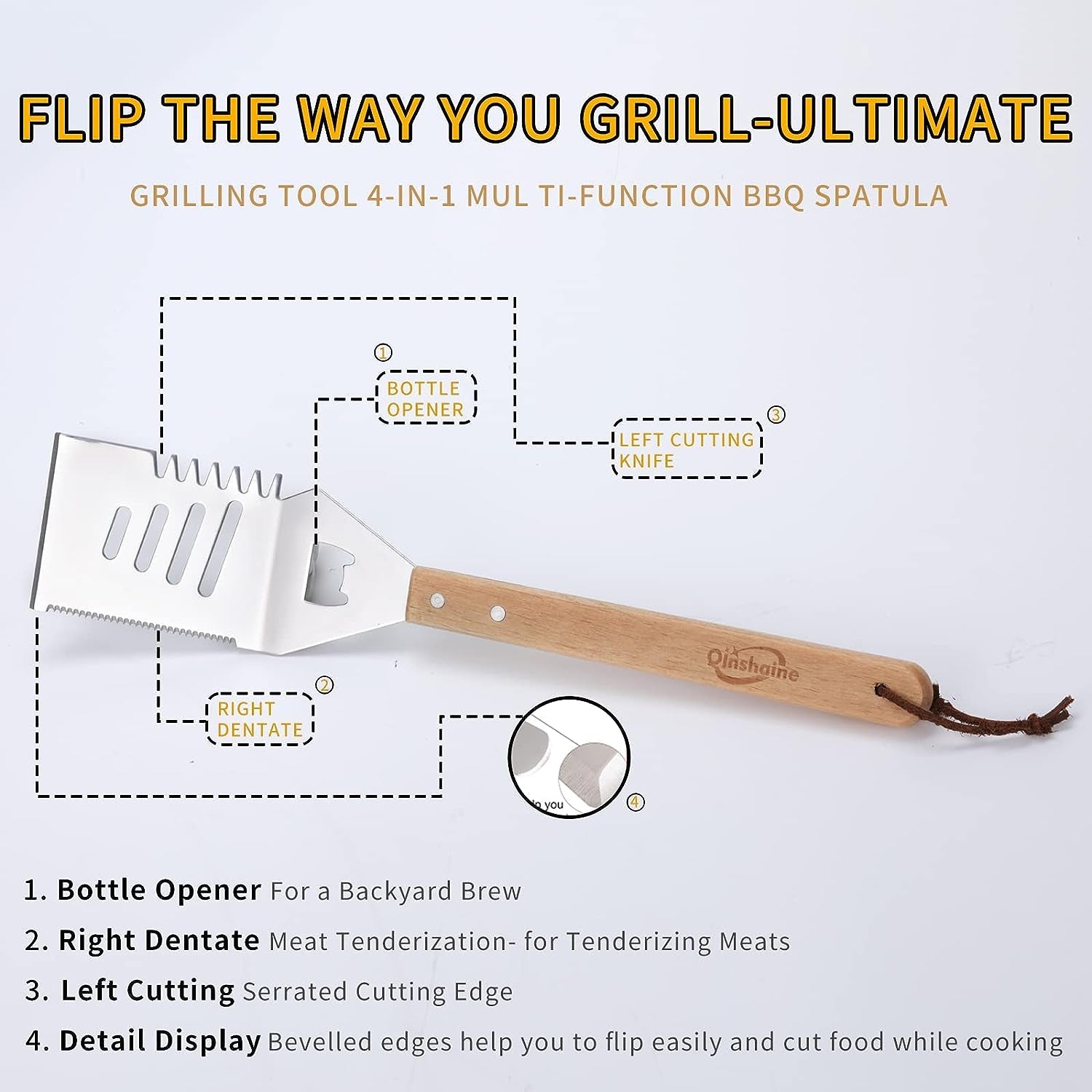Qinshaine 4-In-1 BBQ Spatula. Multifunction Grill Spatula with Wooden Handle. Perfect for BBQ Grills and Kebabs for Camping Picnics - Image 3