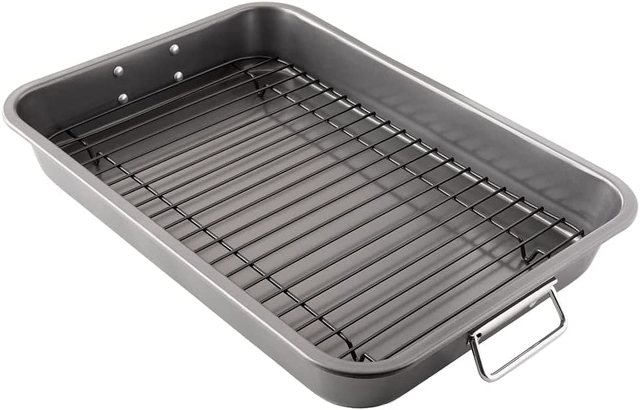 Chef Pomodoro Nonstick Carbon Steel Large Roasting Pan with Rack.Turkey Roasting Pan. Roaster Pan for Oven. Turkey Roaster Pan. Roaster Bakeware Grey