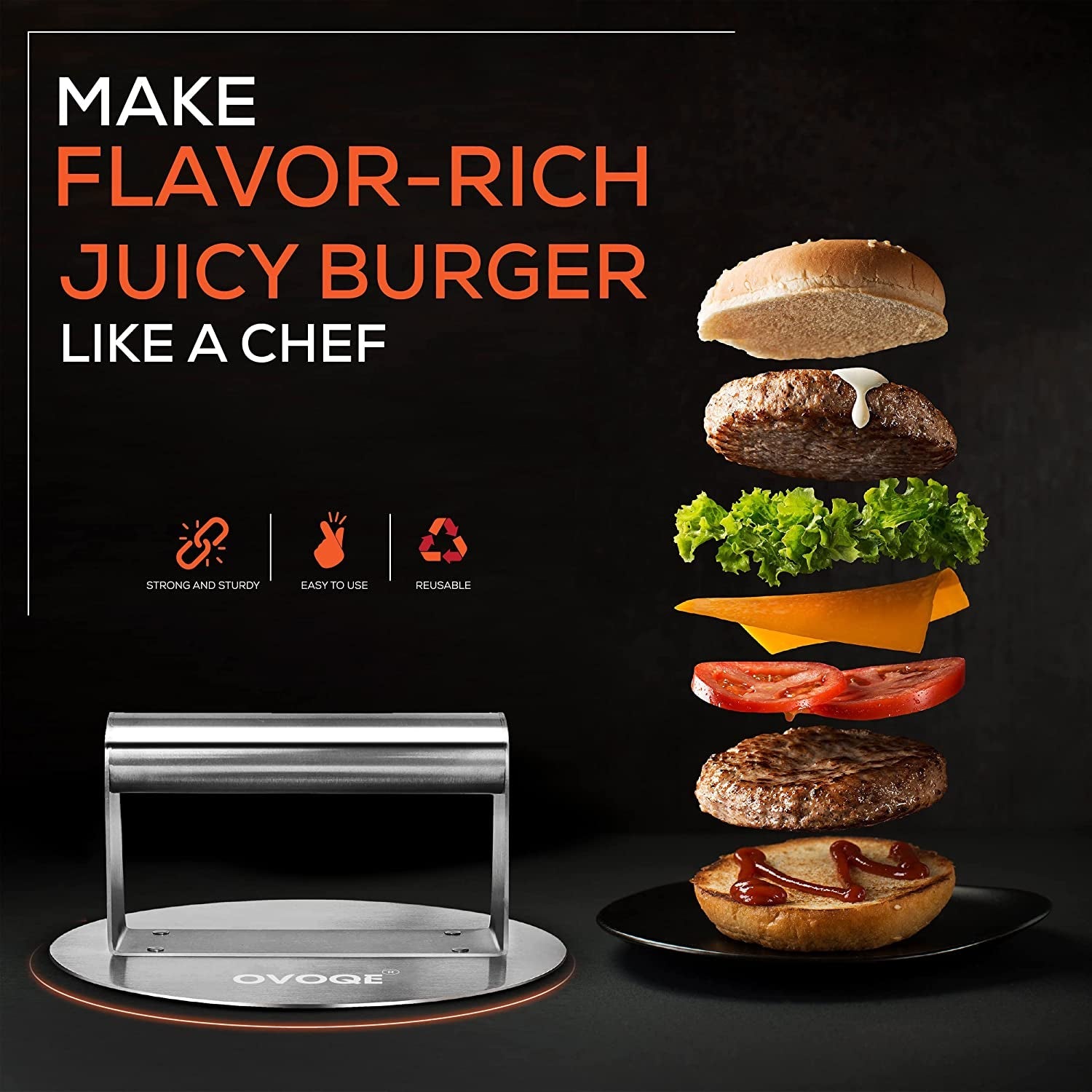 OVOQE 6.2 Inch Heavy Duty Stainless Steel Smash Burger Press. round Stainless Steel Professional Burger Smasher/Hamburger Patty Maker. Griddle Accessories Kit for Flat Top Grill. Rust-Free Easy Clean. - Image 3