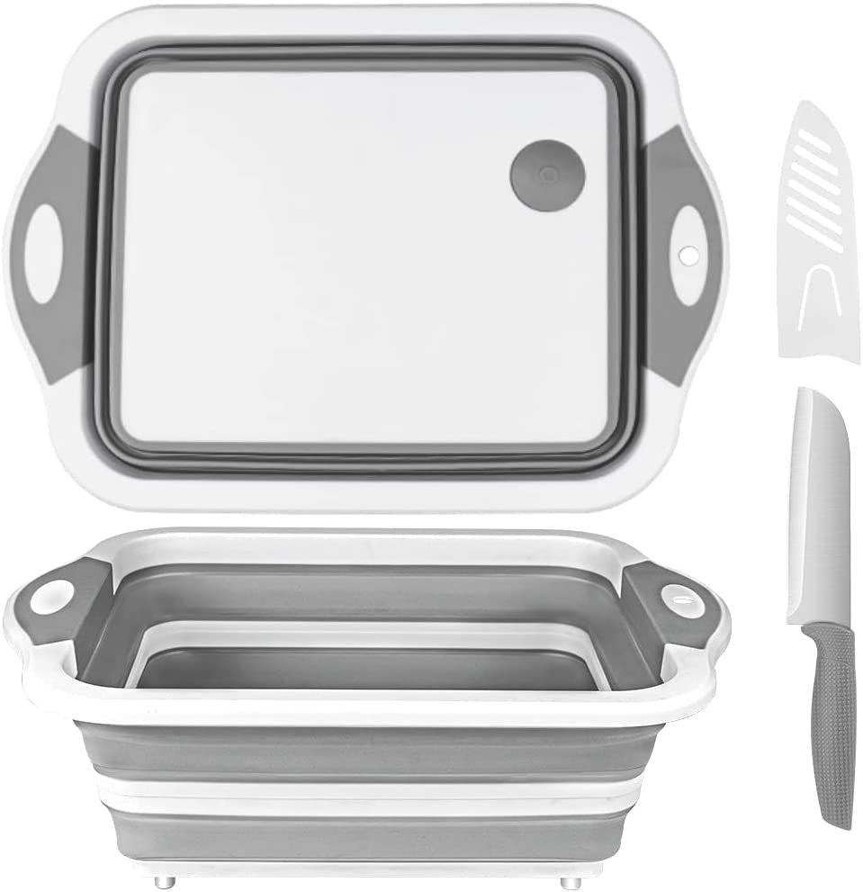 Qimh Collapsible Cutting Board - Foldable Space Saving Multi-Function Kitchen Dish Tub and Camping Sink- Washing and Draining Veggies Fruits Food Grade Storage Basket for Picnic. BBQ Prep and Camping