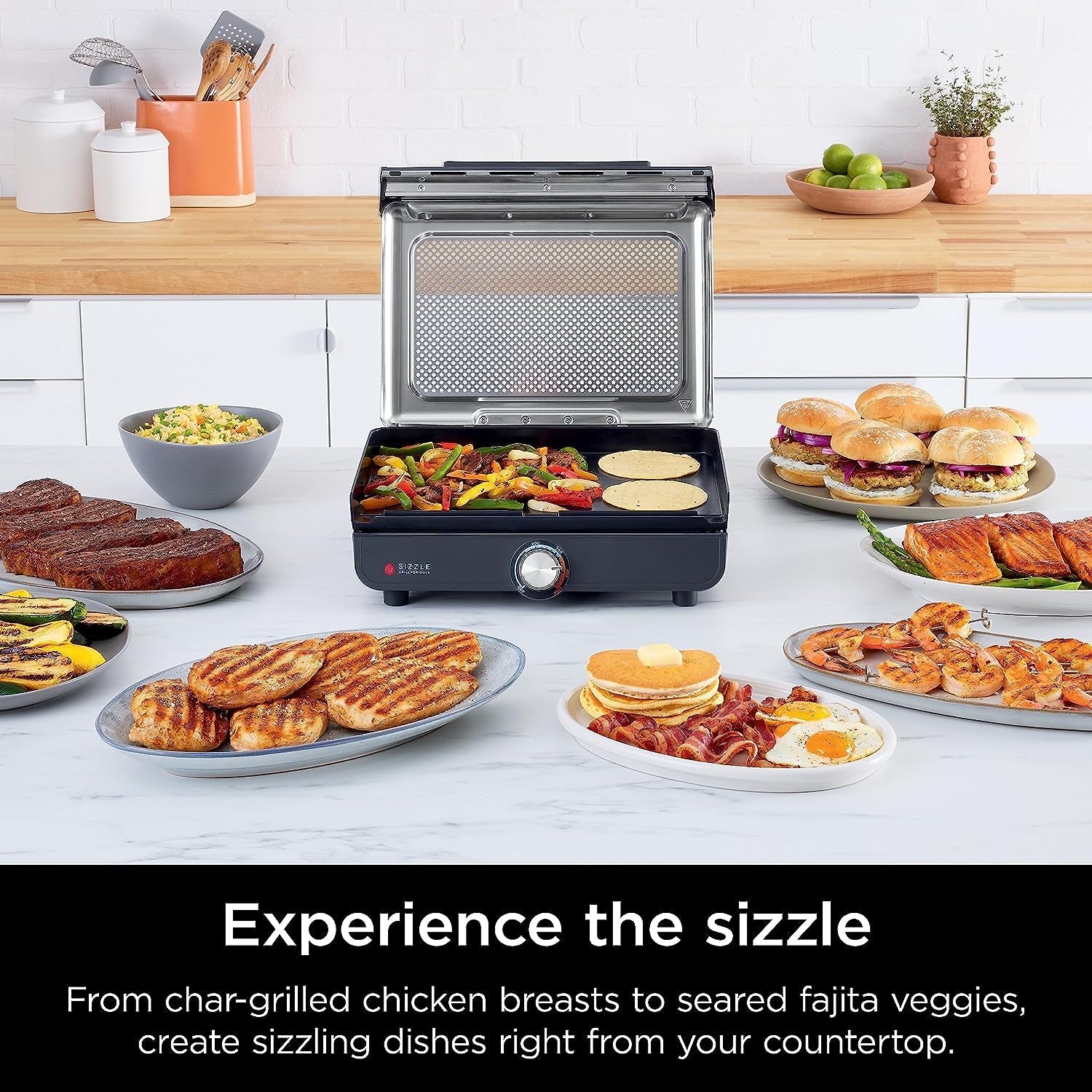 GR101 Sizzle Smokeless Indoor Grill & Griddle. 14'' Interchangeable Nonstick Grill and Griddle Plates. Dishwasher-Safe Removable Mesh Lid. 500F Max Heat. Even Edge-To-Edge Cooking. Grey/Silver - Image 2