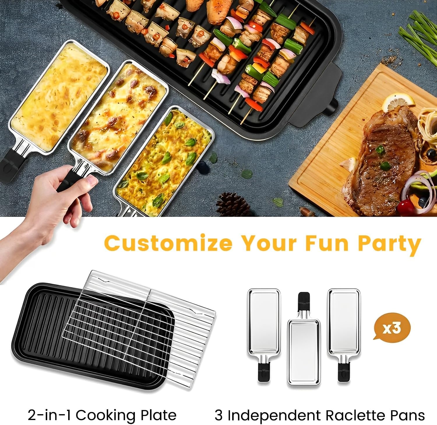 Electric Indoor Grill 1500W. YOHAWJAN 2 in 1 Smokeless Indoor Grills with Non-Stick Removable Grill & Griddle Plate. Temperature Control. Portable Korean BBQ Grill with 3 Raclette Cheese Pans - Image 5