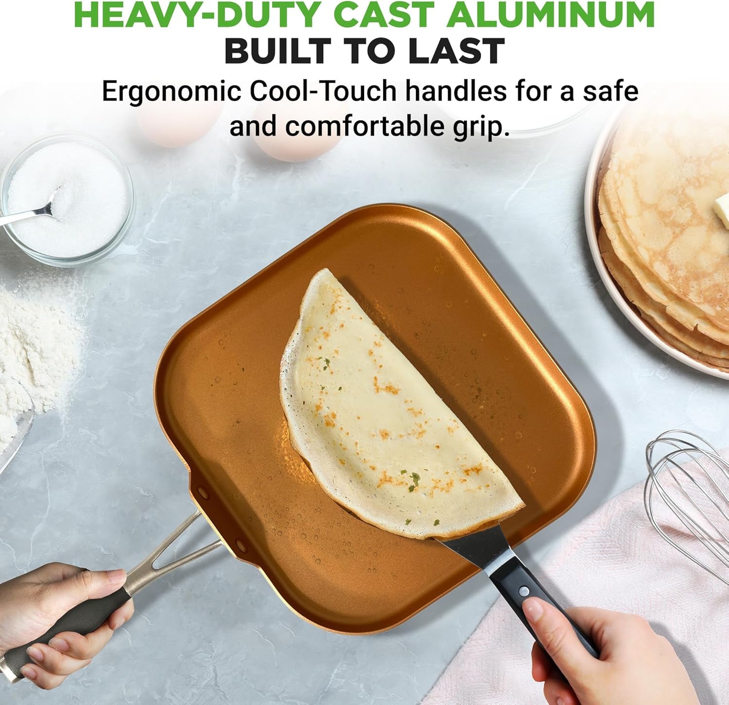 Nutrichef Copper Pan Non-Stick Coating Inside. Hard-Anodized Look Heat Resistant Lacquer Outside. Silicone Handle NCSQPA. 1 Griddle - Image 4