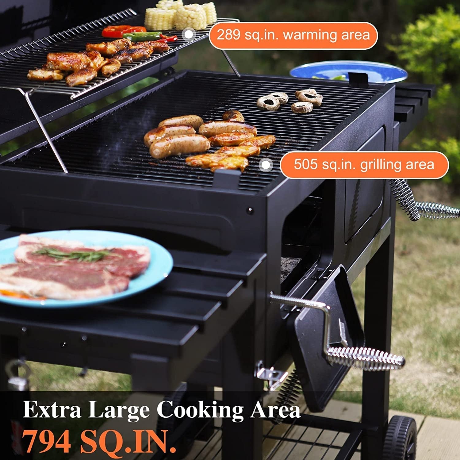 Sophia & William Heavy-Duty Charcoal BBQ Grills Extra Large Outdoor Barbecue Grill with 794 SQ.IN. Cooking Area. Dual-Zone Individual & Adjustable Charcoal Tray and Foldable Side Table. Black - Image 2
