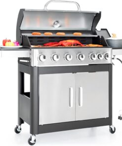 Captiva Designs 6-Burners Propane Gas BBQ Grill with Side Burner & Porcelain-Enameled Cast Iron Grate for Outdoor Kitchen & Backyard Barbecue. 65.800 BTU Output.665 SQ.IN. Cooking Area.Stainless Steel