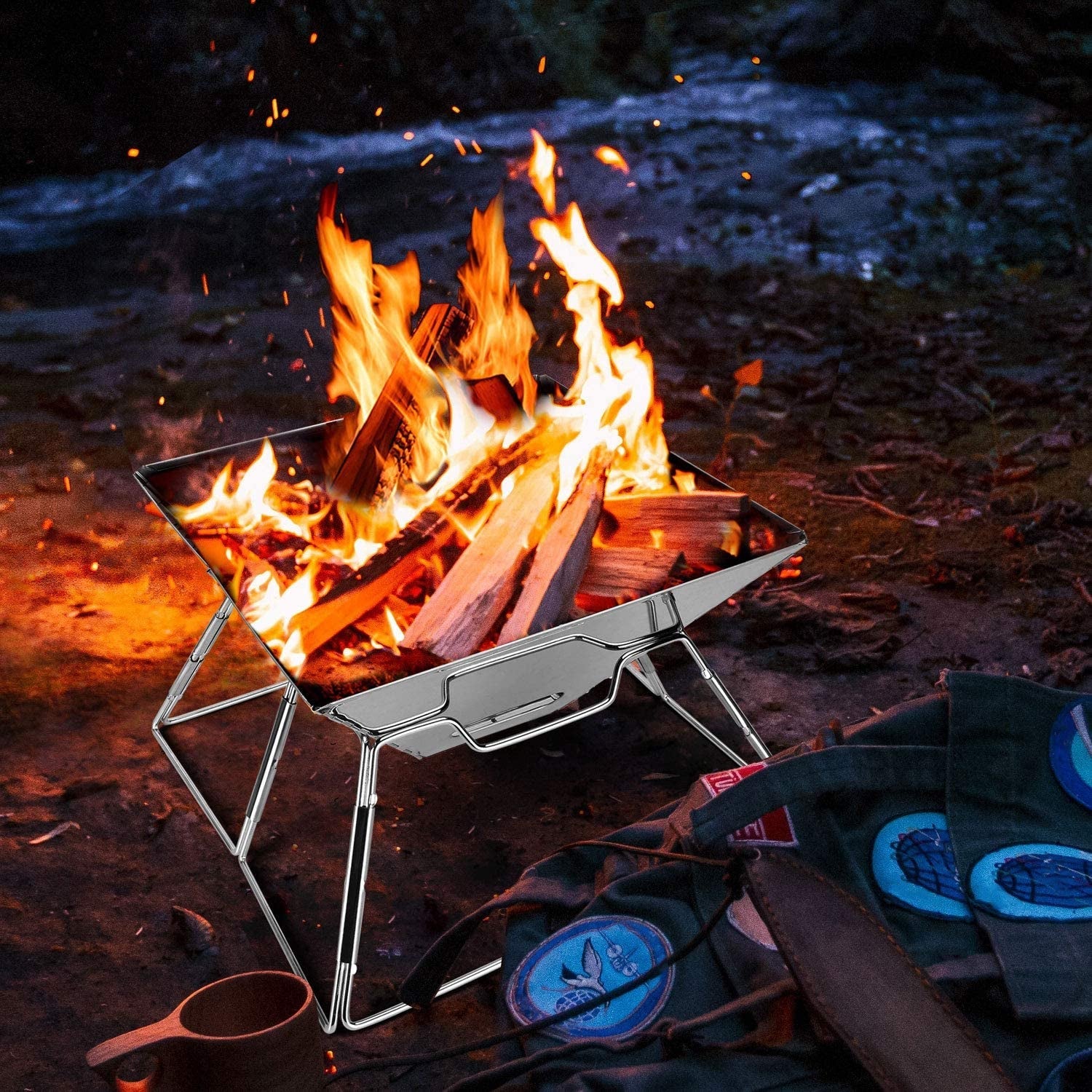 Odoland Folding Campfire Grill. 304 Stainless Steel Grate Barbeque Grill. Portable Camping Grill with Legs for Picnics. Backpacking. Outdoor with Carrying Bag and Kitchen Tongs - Image 7