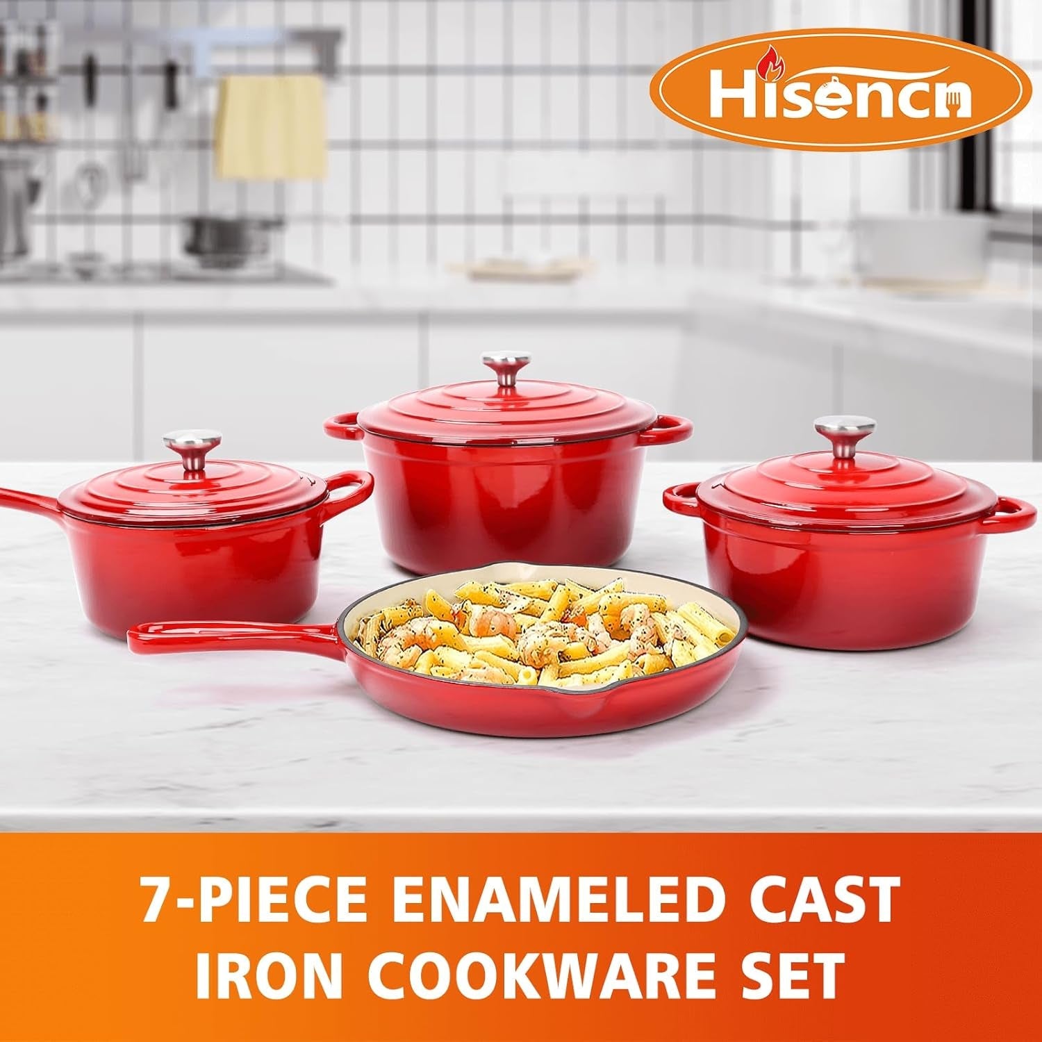 Hisencn Enameled Cast Iron Cookware Set - 7 Piece Set of Dutch Ovens. Sauce Pan. Skillet. 3 Lids. Dutch Oven Set. Ceramic Coated Cast Iron. Heavy Duty. Gas/Induction Compatible. PFA Free (Rouge Red) - Image 2