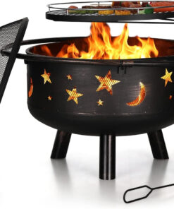PHI VILLA 30 Outdoor Wood Burning Firepit with Cooking Grate. Patio Deep Bowl Steel Fire Pits for outside with Adjustable Swivel BBQ Grill Pan. Star & Moon Cutouts Pattern. Poker & Spark Screen
