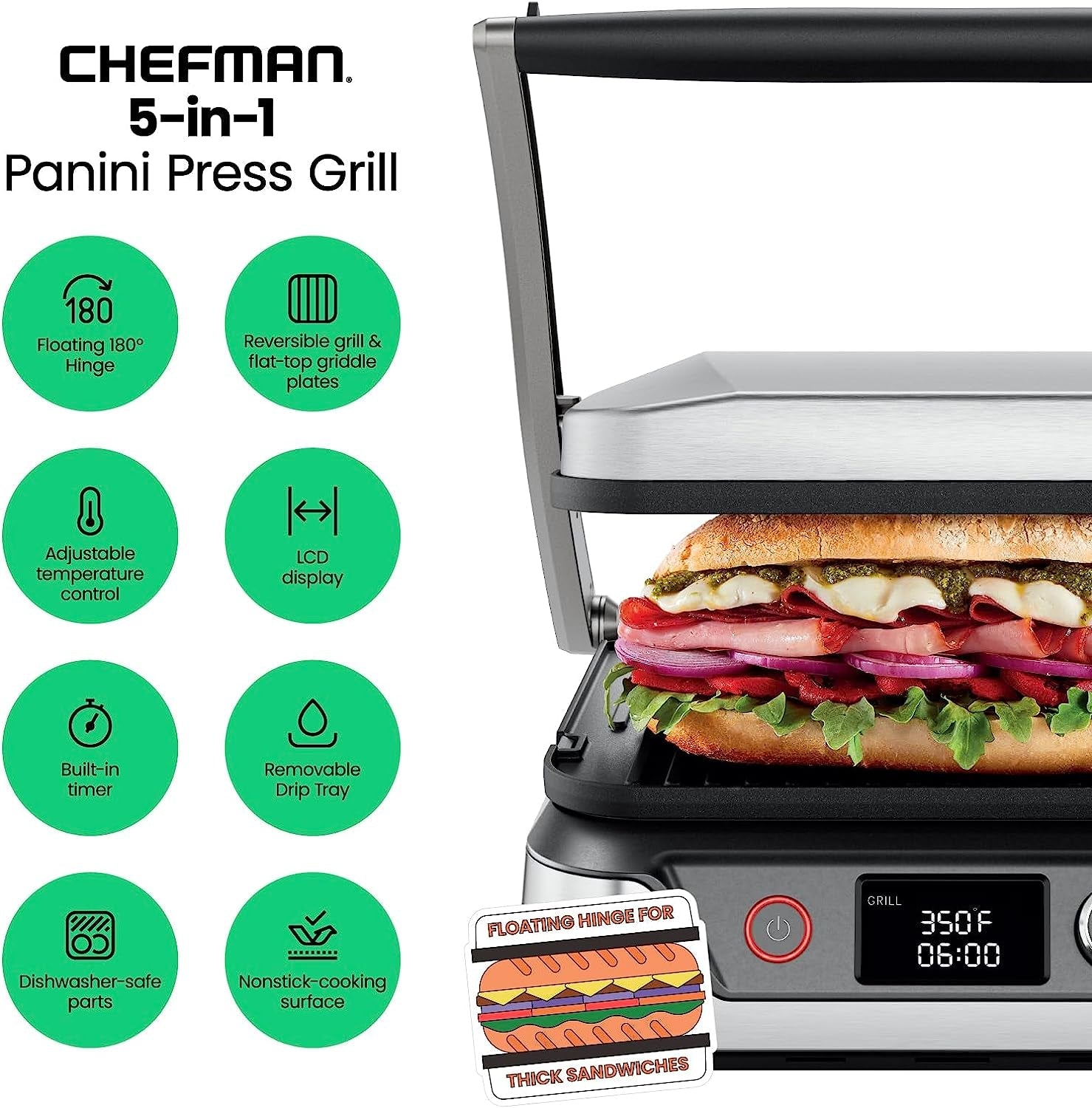 5-In-1 Digital Panini Press Grill Sandwich Maker and Griddle Grill Combo with Removable. Reversible Dishwasher-Safe Grilling Plates. Opens 180° for Indoor BBQ or Flat Top Grill - Image 2