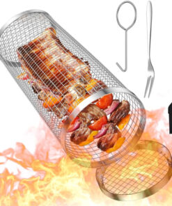 Cooking Coll Rolling Grilling Basket.Round Stainless Steel BBQ Grill Mesh.Grill Baskets for Outdoor Grill.Barbecue Net Tube Grate Fish.Vegetable.Fries - Camping Picnic Cookware(Mid.7.87 X 3.54 Inch)