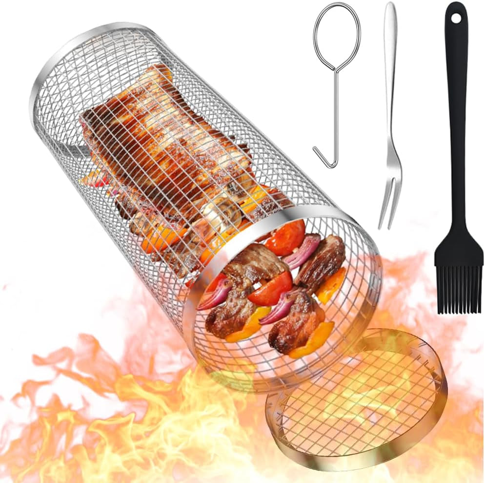 Cooking Coll Rolling Grilling Basket.Round Stainless Steel BBQ Grill Mesh.Grill Baskets for Outdoor Grill.Barbecue Net Tube Grate Fish.Vegetable.Fries - Camping Picnic Cookware(Mid.7.87 X 3.54 Inch)