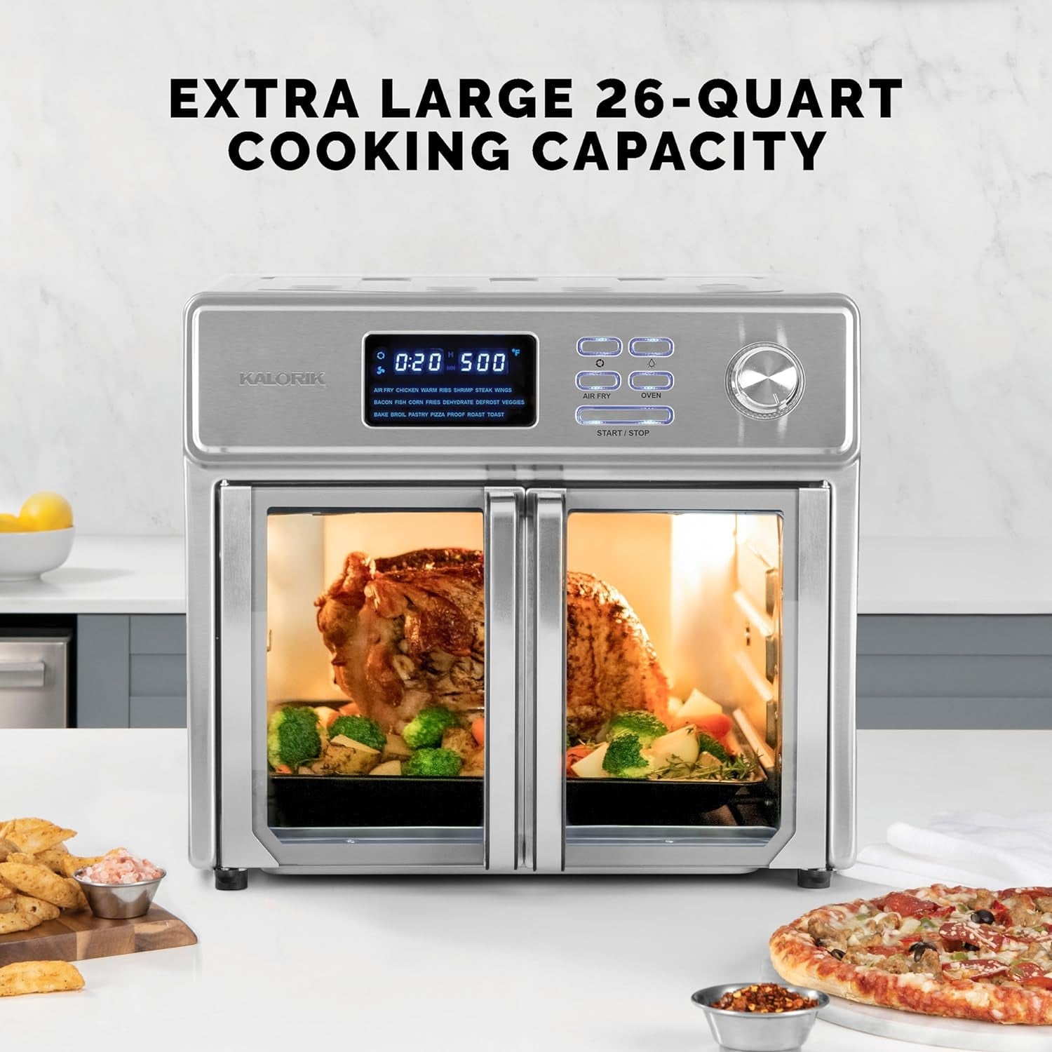 Kalorik MAXX Air Fryer Oven. 26 Quart 10-In-1 Countertop Toaster Oven & Air Fryer Combo - Fry. Bake. Roast. Rotisserie. & More. Large Glass French Doors & 9 Accessories. 1700-Watts. Stainless Steel - Image 3