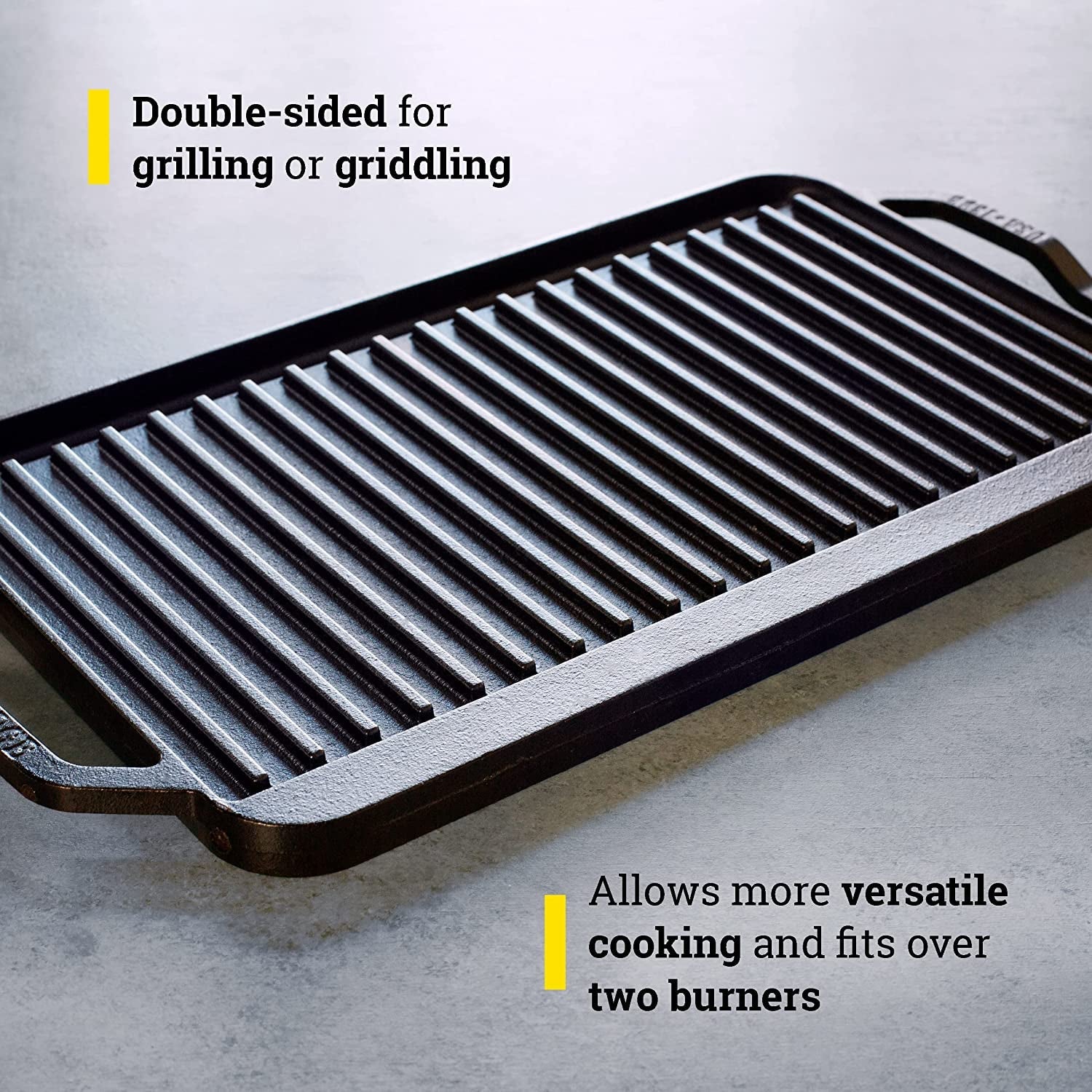 Chef Collection Cast Iron Reversible Grill/Griddle - Cast Iron Flat Griddle & Grill for Stovetop. Oven. Grill. or Open Fire - Double Burner Cast Iron Skillet with Handles - Image 3