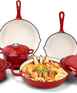Nonstick Enameled Cast Iron Cookware Set. 8-Pcs Pots and Pans with Lid. Skillet. Frying Pan. Saucepan & Dutch Oven for All Stovetops. PFA Free - Ideal for Sourdough Bread Baking - Comes with Organizer