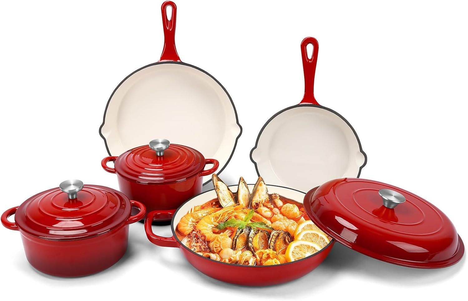 Nonstick Enameled Cast Iron Cookware Set. 8-Pcs Pots and Pans with Lid. Skillet. Frying Pan. Saucepan & Dutch Oven for All Stovetops. PFA Free - Ideal for Sourdough Bread Baking - Comes with Organizer