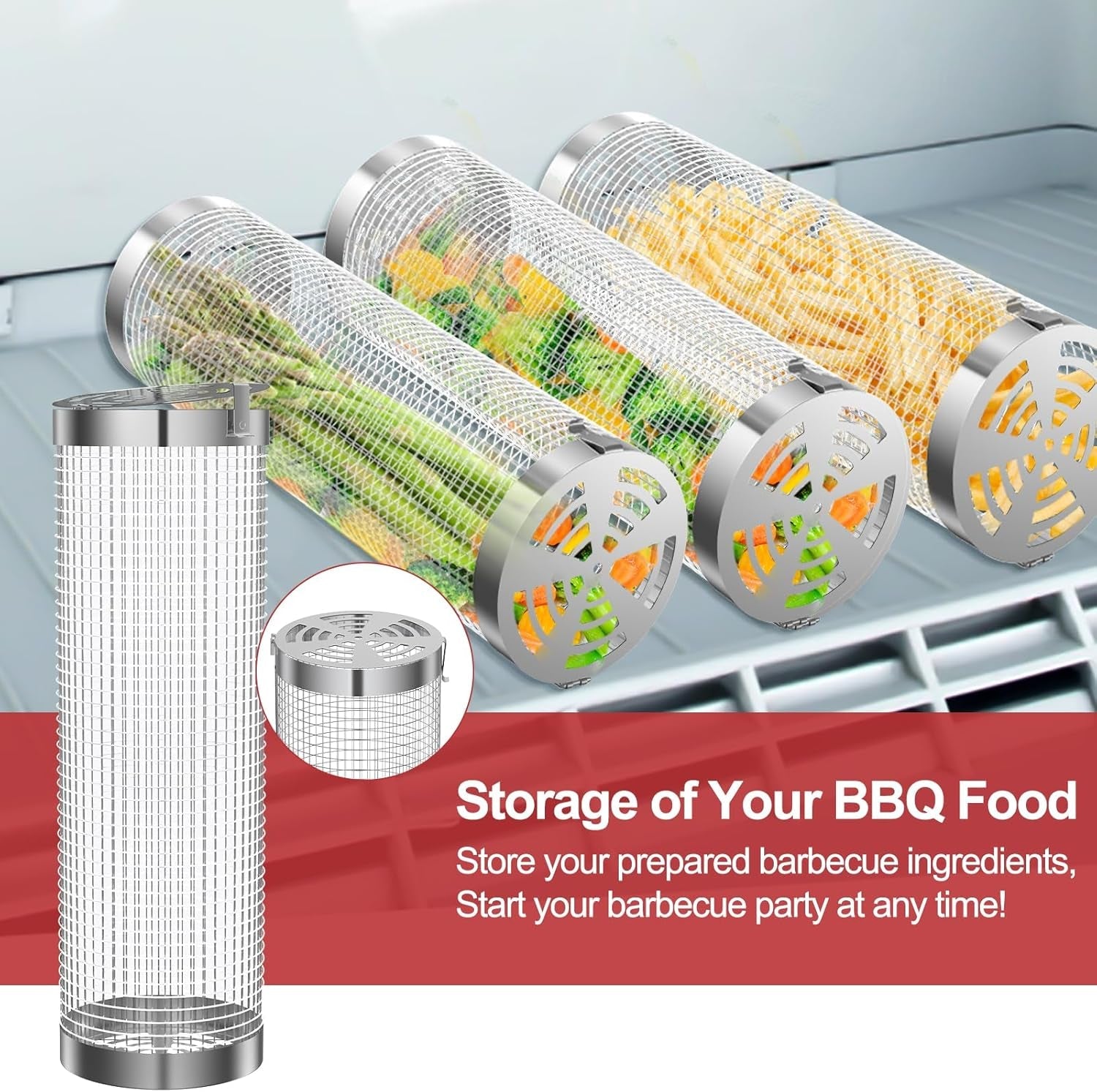 Grill Basket 2 PCS. Rolling Grill Baskets for Outdoor Grill. Grilling Accessories. Stainless Steel BBQ Net Tube Baskets with Oil Sprayer for Veggies. Shrimp. Grilling Gifts for Men - Image 5