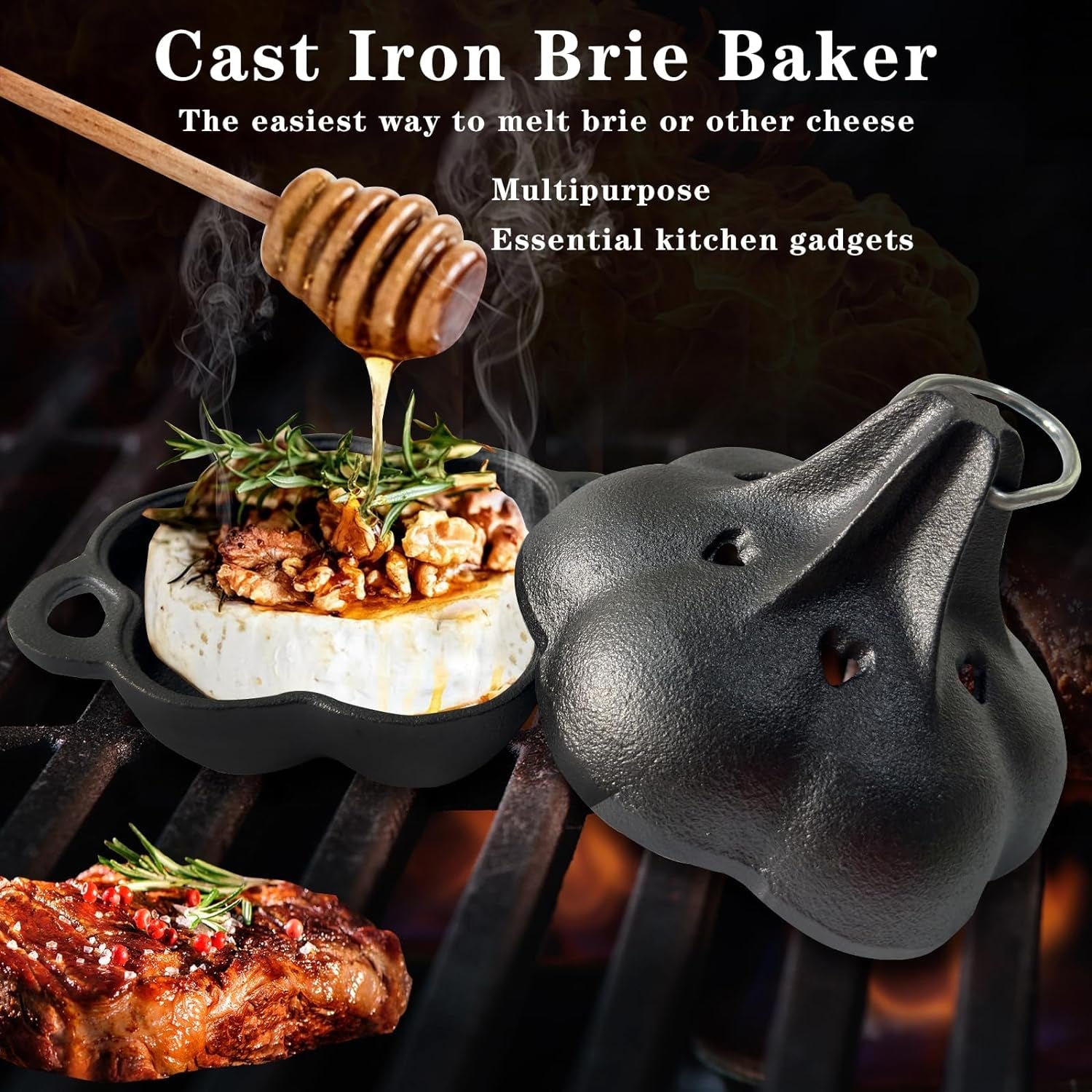 Cast Iron Smoker Roaster & Garlic Roster Baker. Smoker Box. Pre-Seasoned Cast Iron Garlic Roaster for Grill. Perfect for BBQ and Oven. for Smoky. Flavorful Vegetables. Meats or Wood Chips - Image 5