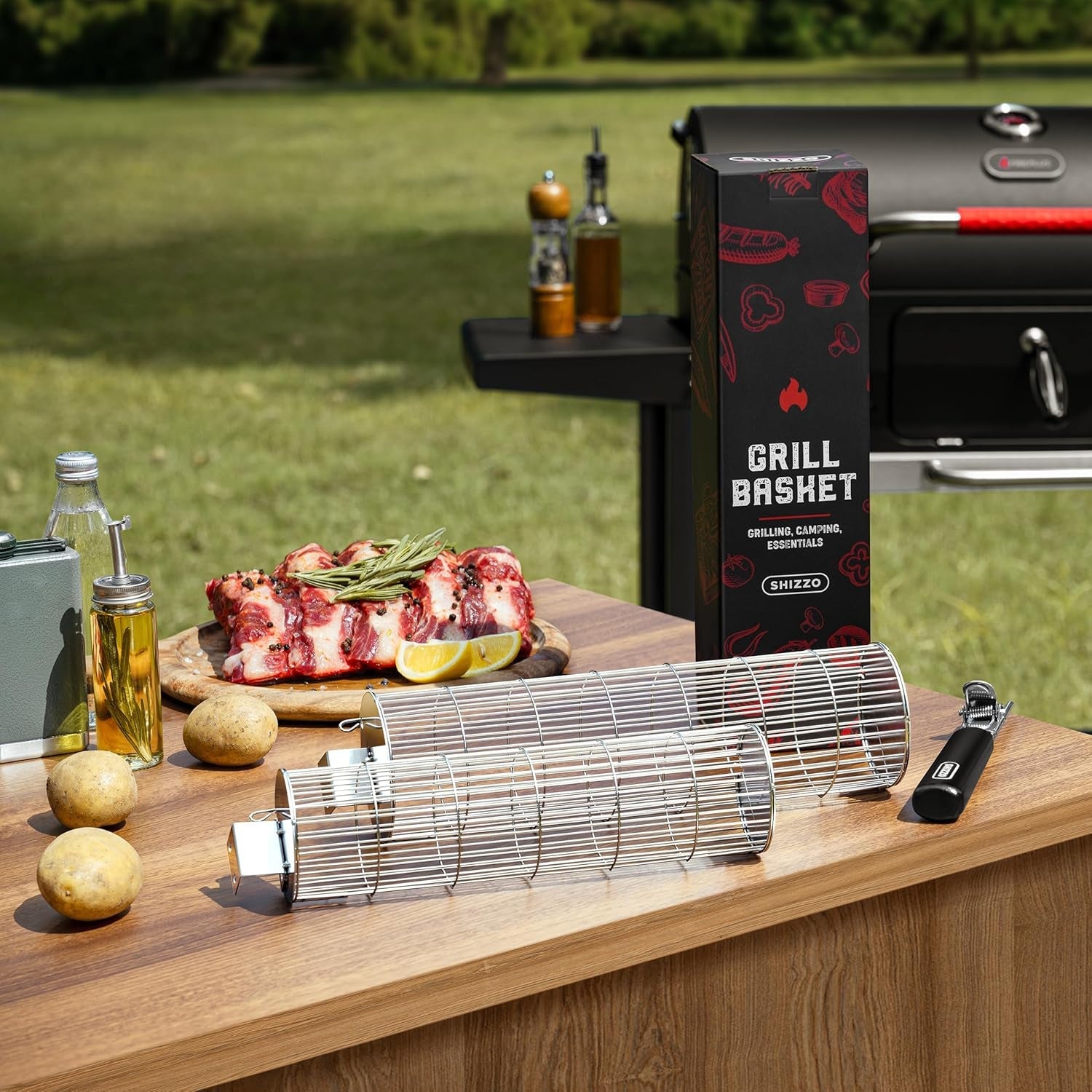 Rolling Grill Basket. New Opening Design. Extra Sturdy Cylinder Grilling Basket. Food Grade Stainless Steel. Large Portable Outdoor Camping Accessories BBQ Net Rack. Cooking Griller for Fish. Vegetables. and More - Gifts for Men Dad Husband - Set of 2 - Image 8