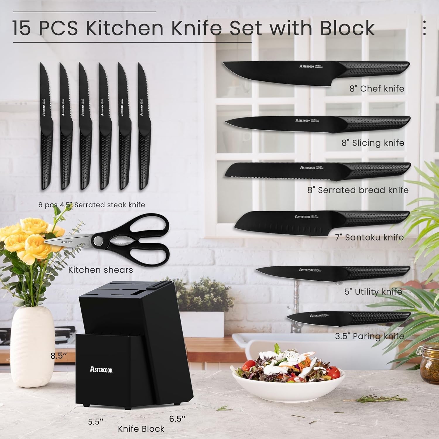 Astercook Knife Set. 15 Pieces Kitchen Knife Sets with Block and Built-In Knife Sharpener. German Stainless Steel Handle One-Piece Design Knives Block Set Dishwasher Safe. Black - Image 2