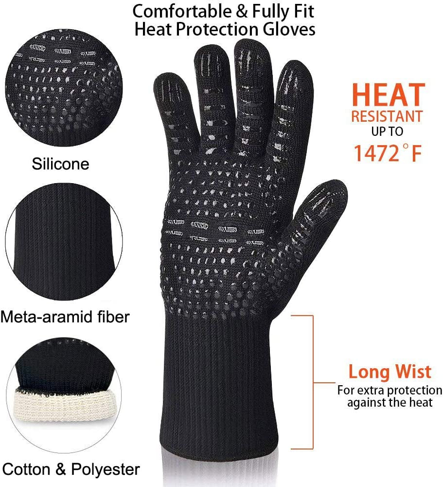 BBQ Grill Gloves. 1472°F Extreme Heat Resistant Grilling Gloves Non-Slip Oven Mitts Potholder. Perfect for Barbecue. Cooking. Baking. Fireplace. Smoker - 1 Pair (Black) - Image 2