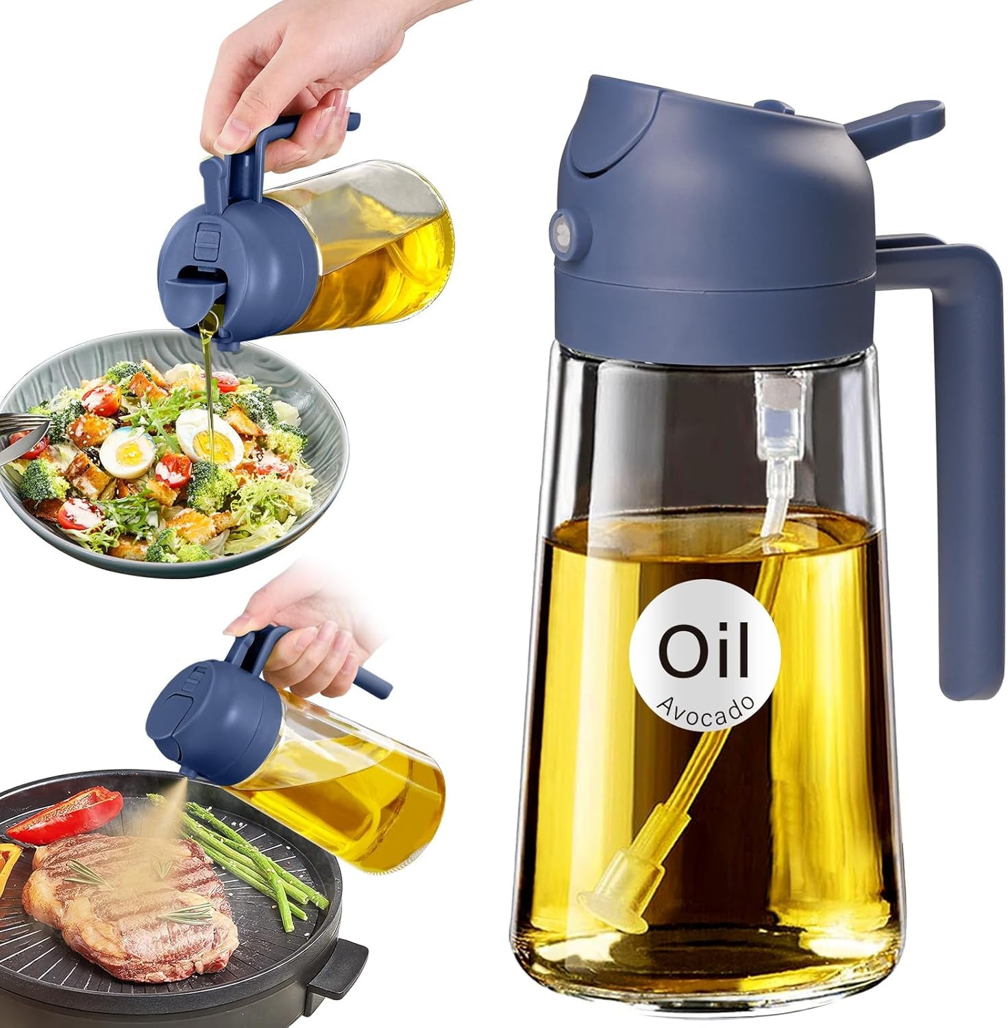 YRRAMATE 16oz Glass Olive Oil Sprayer – 2‑in‑1 Dispenser with Stickers & Portion Control (Navy) - Image 10