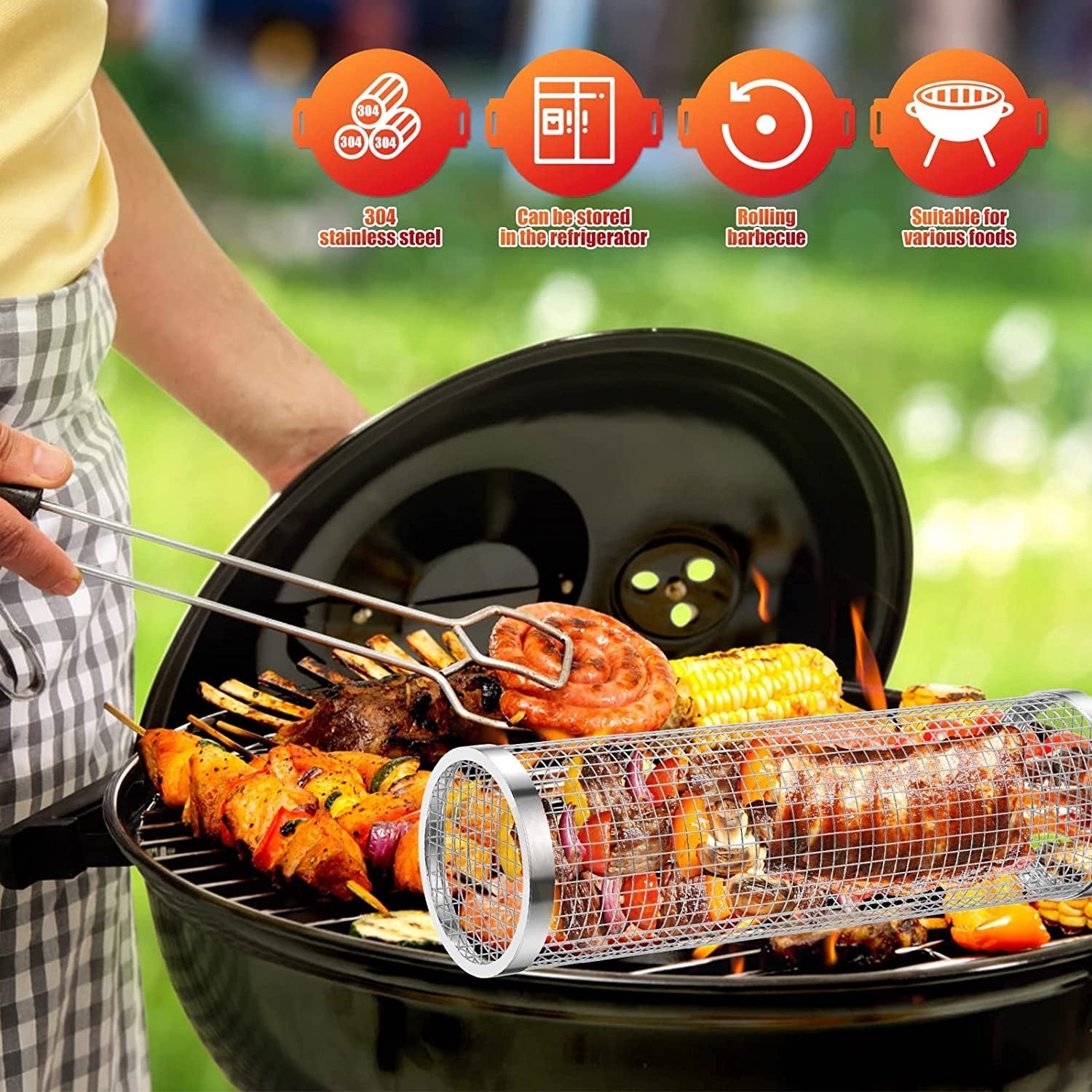 Cooking Coll Rolling Grilling Basket.Round Stainless Steel BBQ Grill Mesh.Grill Baskets for Outdoor Grill.Barbecue Net Tube Grate Fish.Vegetable.Fries - Camping Picnic Cookware(Mid.7.87 X 3.54 Inch) - Image 5