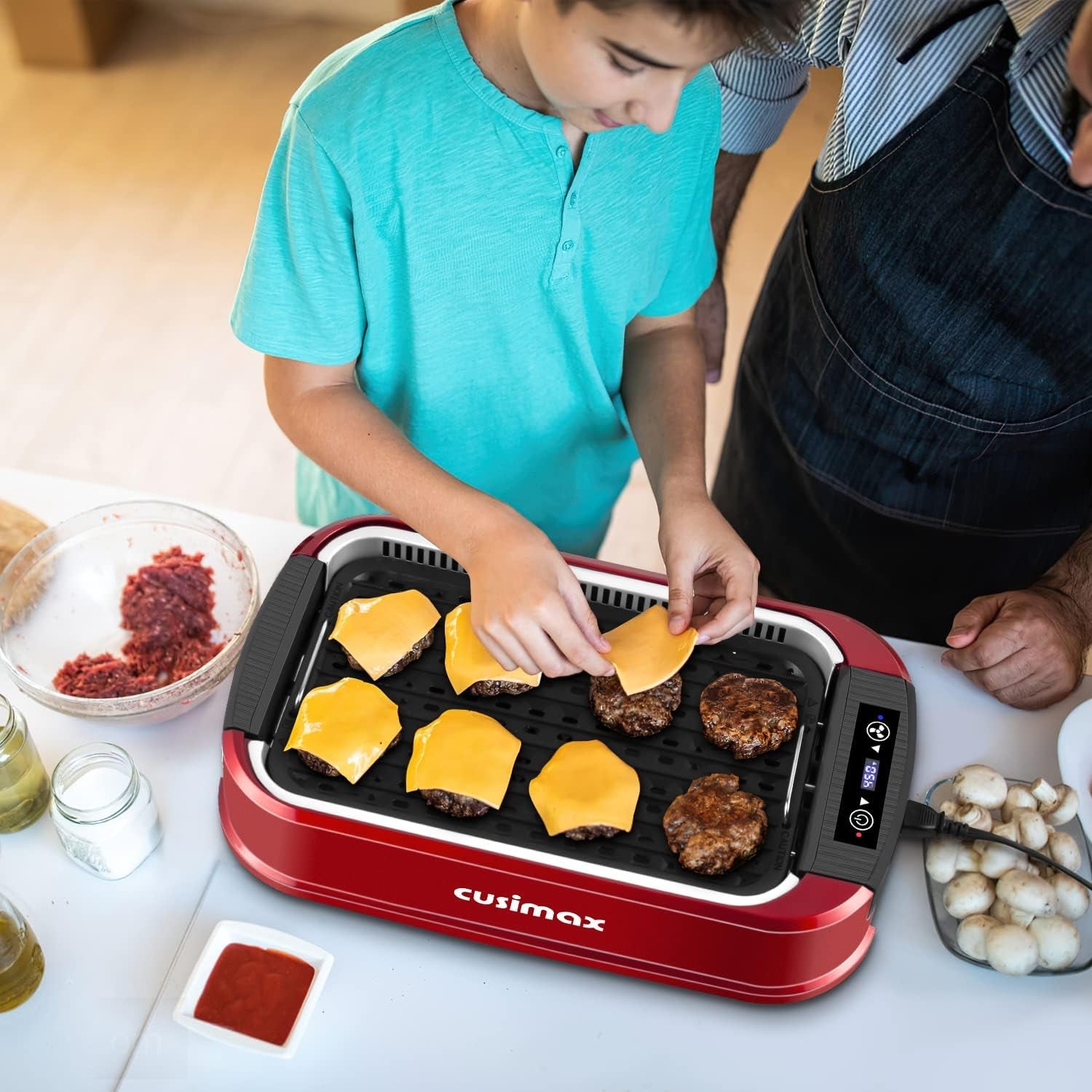 Indoor Grill. CUSIMAX Smokeless Grill Indoor. Electric Grill Griddle. 1500W Korean BBQ Grill with LED Smart Display & Tempered Glass Lid. Non-Stick Removable Grill Plate & Griddle Plate. Red - Image 8