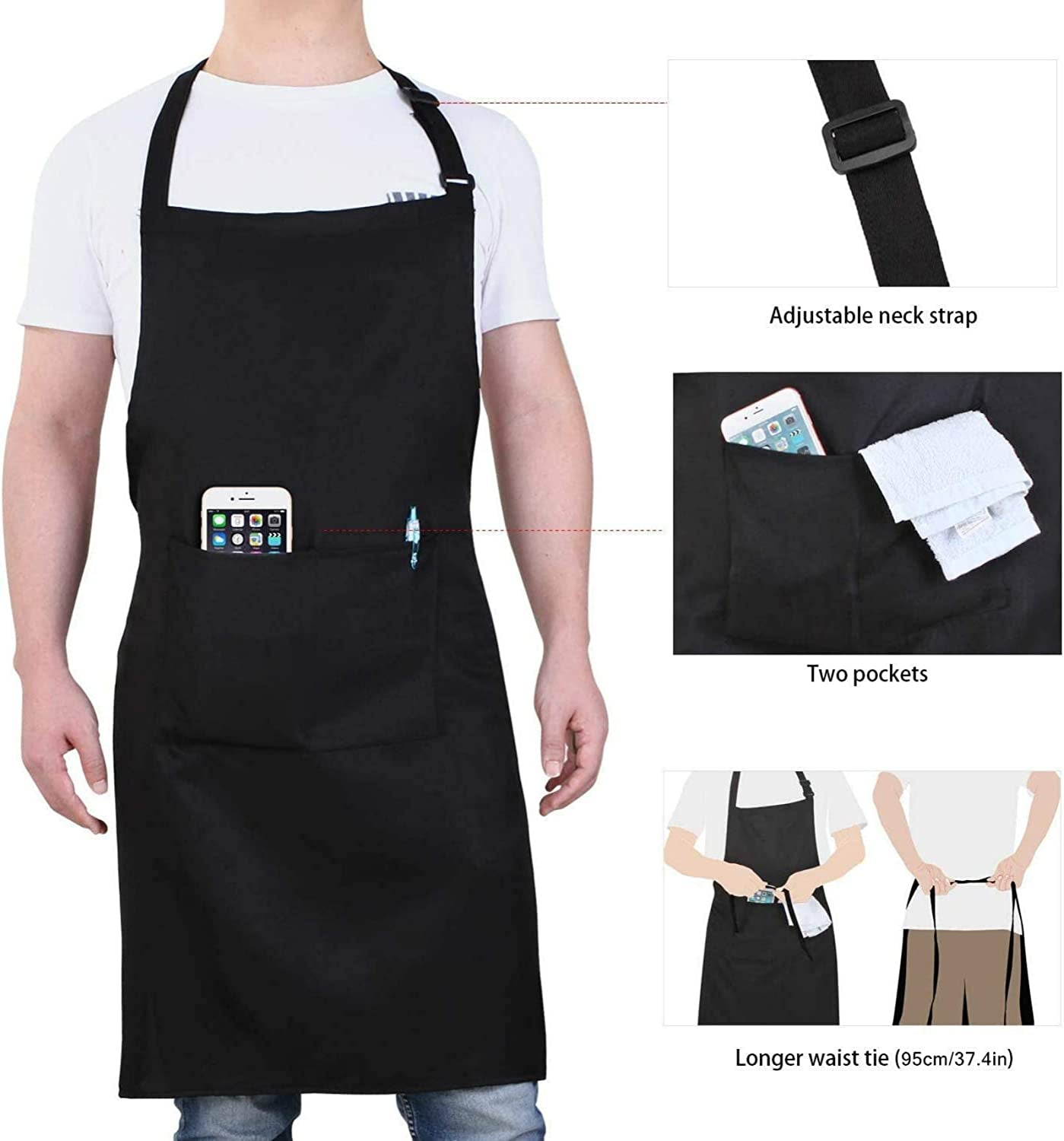 Chef Apron for Men and Women Professional for Cooking with Pockets - Adjustable - Bib Aprons - Water & Oil Resistant - 1 Pack. Black - Image 4