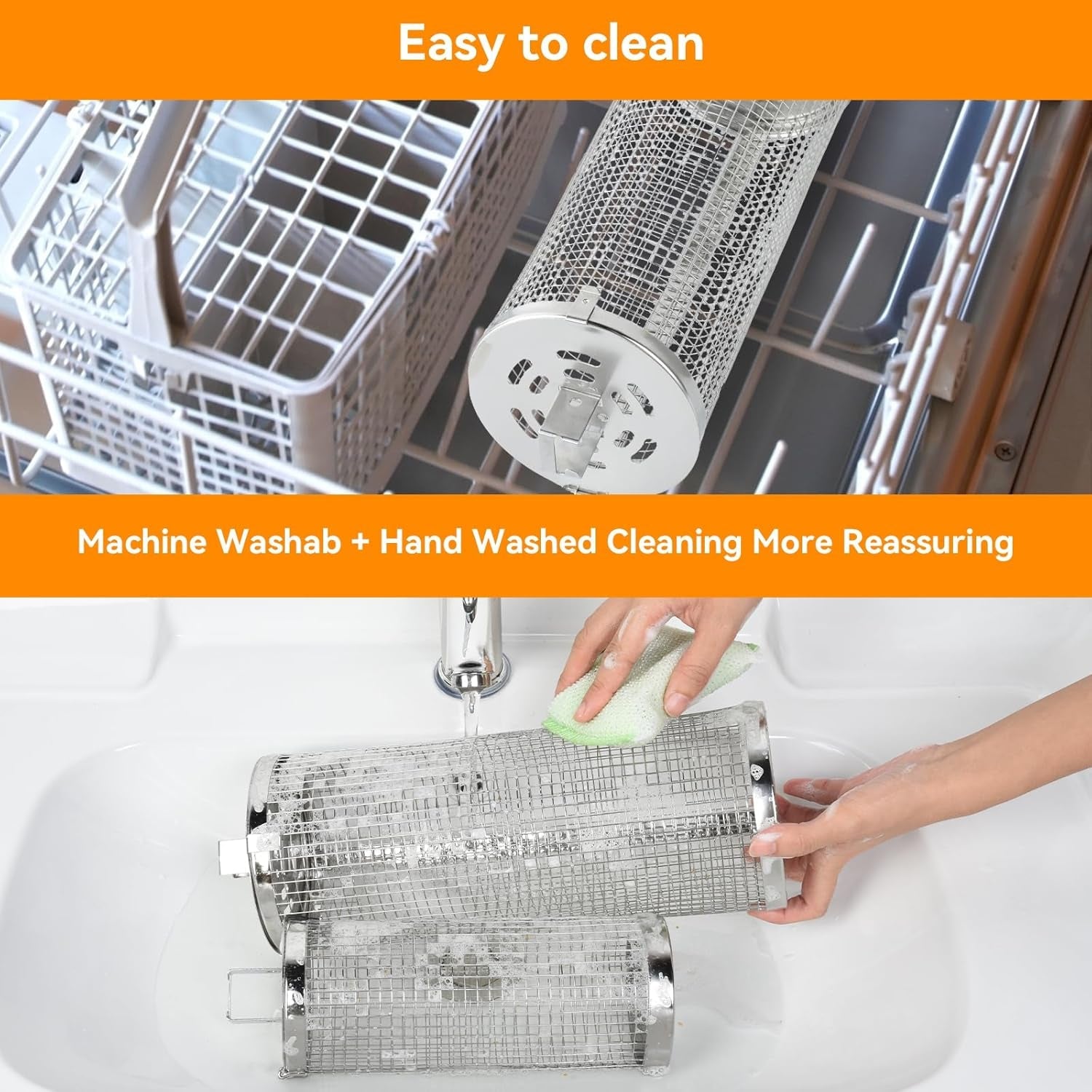 Rolling Grill Baskets for Outdoor.2 PCS BBQ Grilling Basket with Removable Wooden Handle. 5 and 3Diameter 304 Stainless Steel BBQ Net for Vegetables Seafood Meat. Camping Birthday Gifts for Men Dad Husband - Image 6