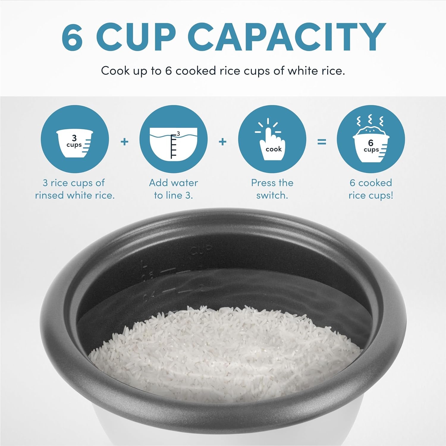 Aroma Housewares Aroma 6-Cup (Cooked) 1.5 Qt. One Touch Rice Cooker. White (ARC-363NG). 6 Cup Cooked/ 3 Cup Uncook/ 1.5 Qt. - Image 5