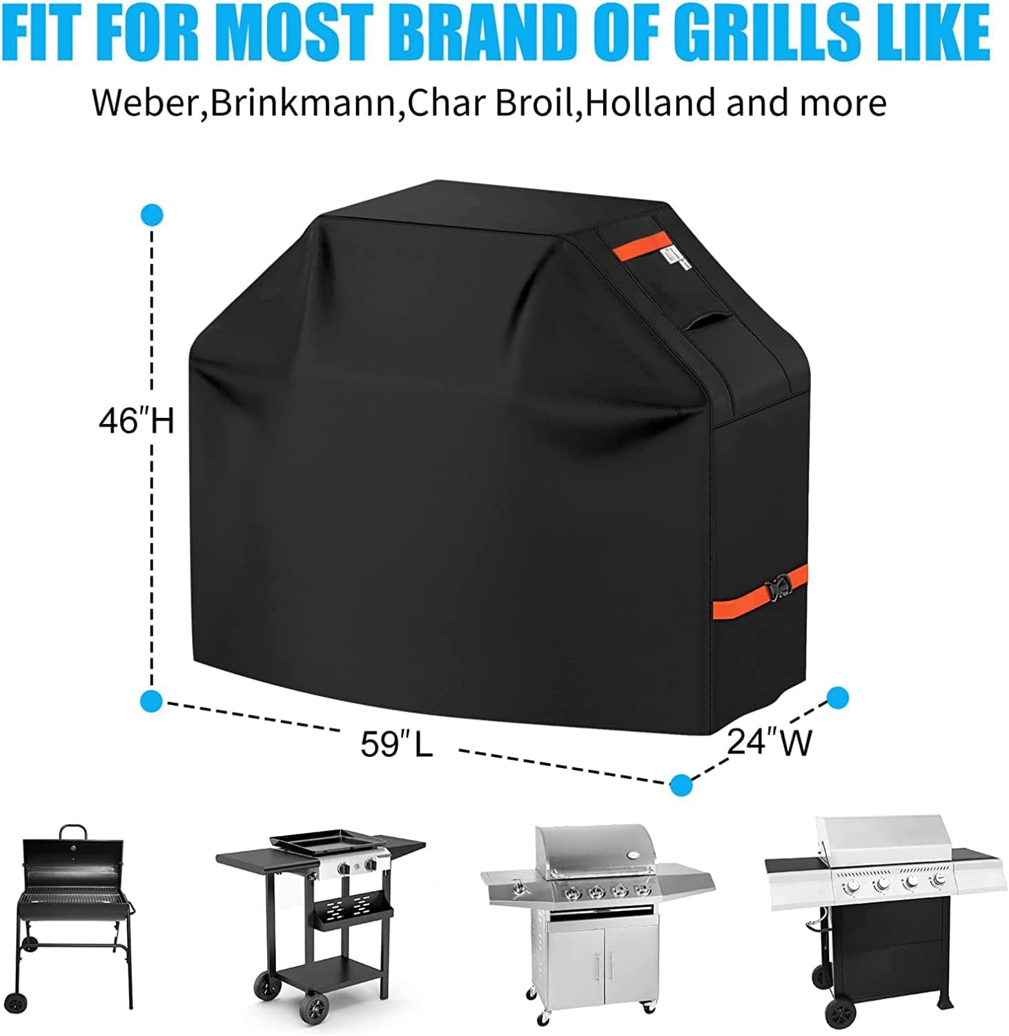 CUSSIOU Grill Cover BBQ Grill Cover 600D Heavy Duty Waterproof Gas Grill Cover. Barbecue Grill Covers for Weber. Brinkmann. Char Broil Grills Cover (59 L X 24 W X 46 H. Black) - Image 2