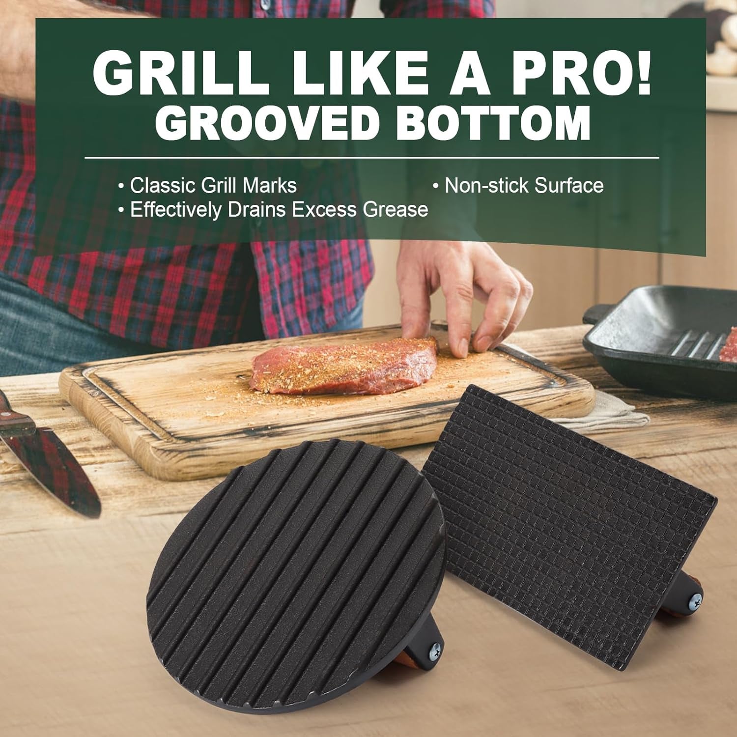 CEKEE 2PCS Burger Press. 7 round & 8.2X 4.3 Rectangle. Heavy-Duty Cast Iron Grill Press with Wood Handle. Smash Burger Press Perfects for Blackstone Griddle. Flat Tops. Grills & Camp Chef - Image 5