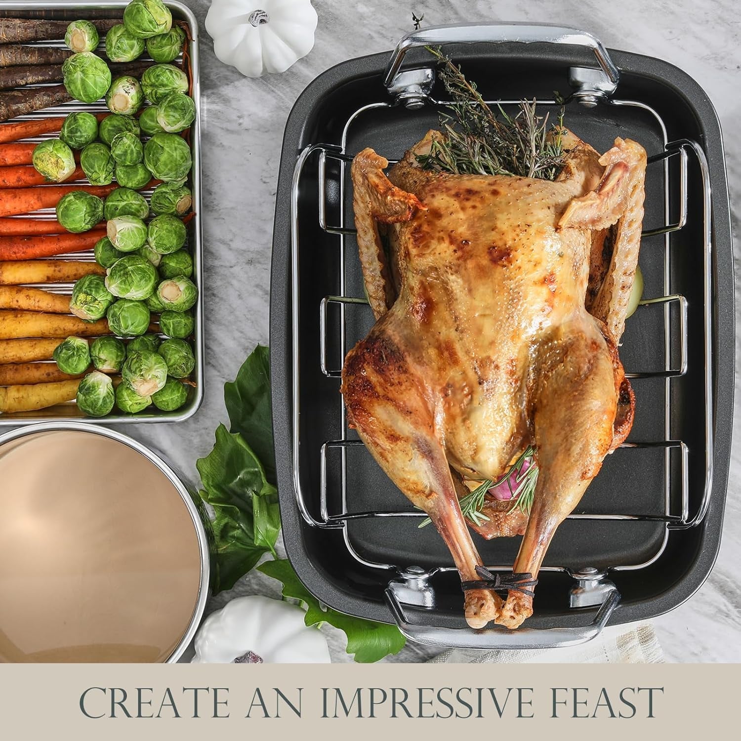 KITESSENSU Nonstick Turkey Roasting Pan with Rack 17 X 14 Inch - Large Chicken Roaster Pan for Oven - Wider Handles & Heavy Duty Construction - Suitable for 24Lb Turkey. Gray - Image 4